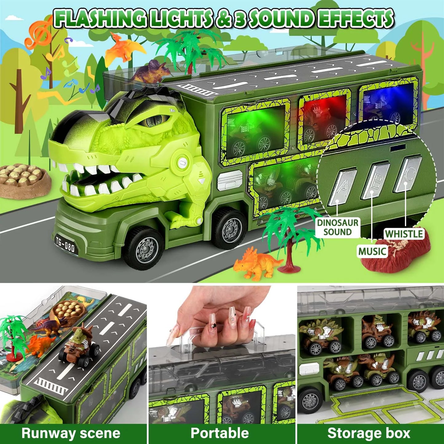 Dinosaur Truck Toys for Boys 3-6 Years, Dinosaur Truck Carrier -Tyrannosaurus Transport Car Carrier Truck with Lights, Music and Sounds, Dinosaur Play Sets for Boys Girls