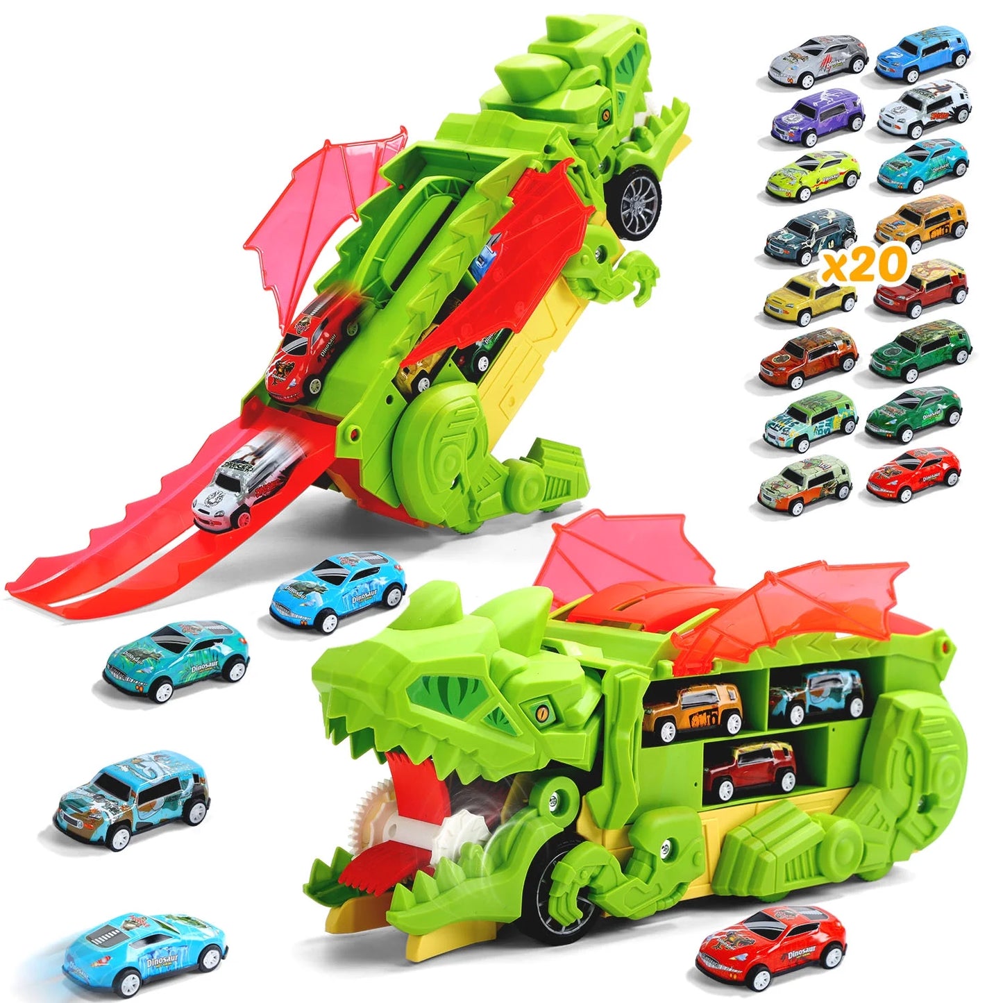 20 in 1 Dinosaur Transport Truck with 20 Cars, City Dinosaur Ultimate Hauler Track Toy, Transforms into Stomping Standing Dinosaur Toddler Toys Birthday Gift for Kids Ages 3+
