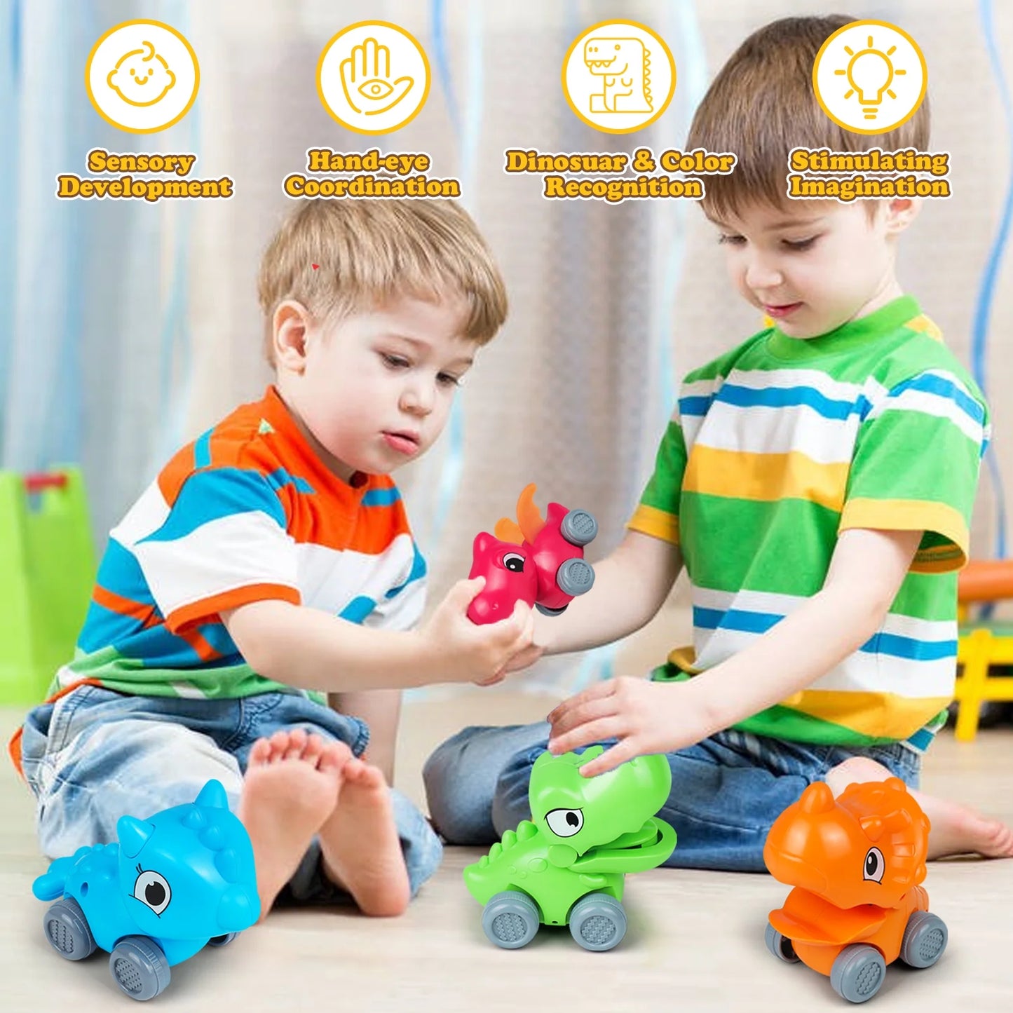 Baby Car Toys for 1 Year Old Boy, 4 PCS Dinosaur Car Toys with Playmat/Storage Bag, 1St Birthday Gift for Toddler Age 1-2, Push Go Friction Vehilce for Boy Christmas Gift for Infant 12-18 Months