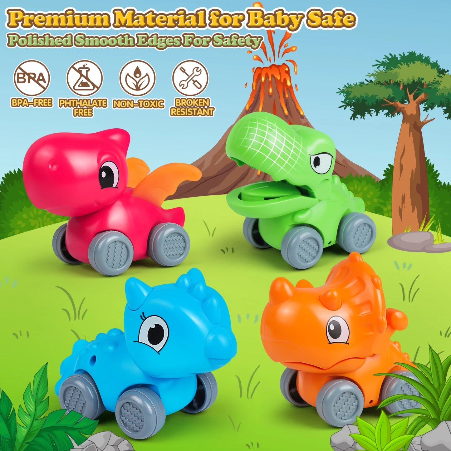 Baby Car Toys for 1 Year Old Boy, 4 PCS Dinosaur Car Toys with Playmat/Storage Bag, 1St Birthday Gift for Toddler Age 1-2, Push Go Friction Vehilce for Boy Christmas Gift for Infant 12-18 Months