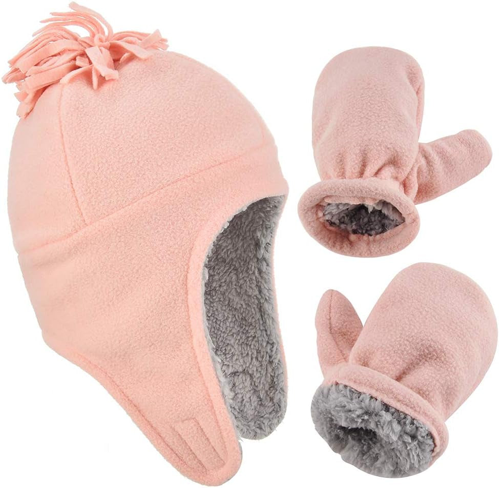 Toddler Winter Hat with Mitten Set - Baby Kids Warm Fleece Cap Set with Ear Flaps