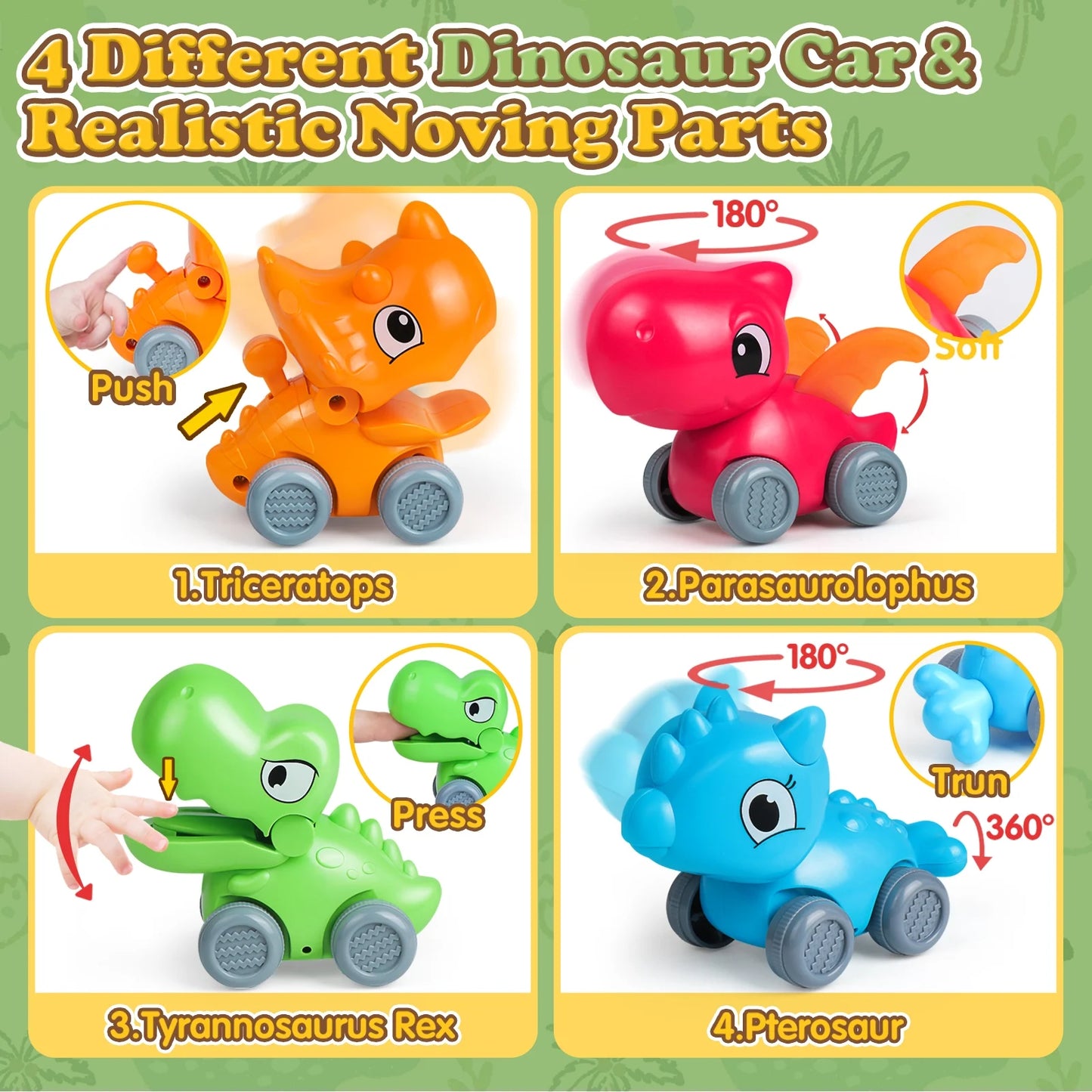 Baby Car Toys for 1 Year Old Boy, 4 PCS Dinosaur Car Toys with Playmat/Storage Bag, 1St Birthday Gift for Toddler Age 1-2, Push Go Friction Vehilce for Boy Christmas Gift for Infant 12-18 Months
