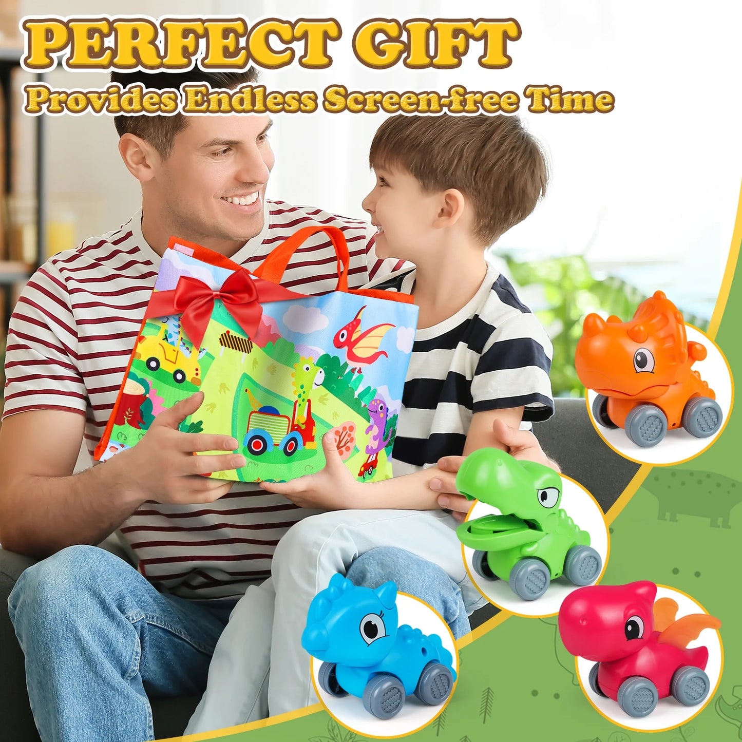Baby Car Toys for 1 Year Old Boy, 4 PCS Dinosaur Car Toys with Playmat/Storage Bag, 1St Birthday Gift for Toddler Age 1-2, Push Go Friction Vehilce for Boy Christmas Gift for Infant 12-18 Months
