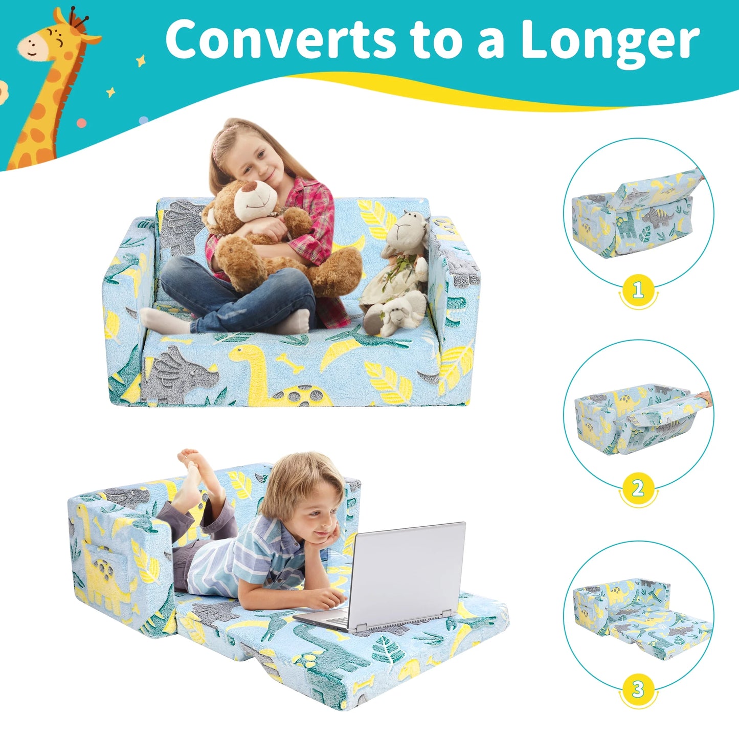 Kids Couch Toddler Chair,Foldable Kids Sofa with Pocket,Glow in the Dark,Toddler Bed for Girls Boys