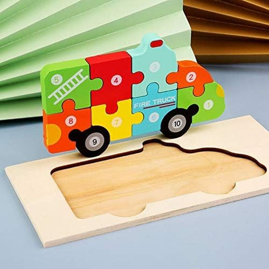 Wooden 'Fire Truck' 3D Jigsaw Puzzle for Kids, Animal Number Block Puzzles for Toddlers, Educational Learning Montessori Toys for Boys and Girls (Fire Truck)