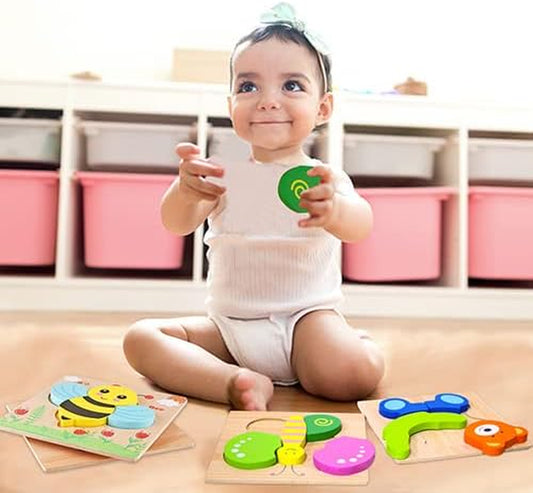 Wooden Animal Puzzles for Toddlers 1 2 3 Years Old, Boys & Girls Educational Toys Gift with 4 Animal Patterns, Bright Vibrant Color Shapes, Customize Gift Box Ready