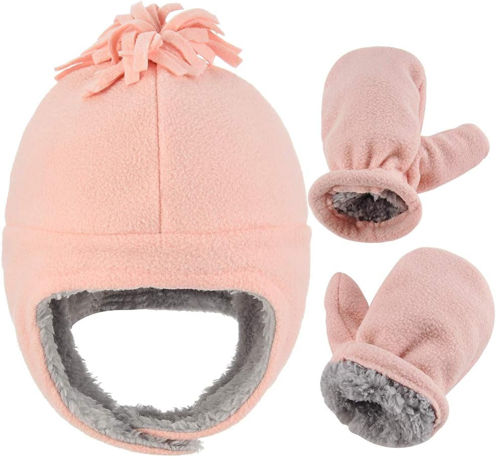 Toddler Winter Hat with Mitten Set - Baby Kids Warm Fleece Cap Set with Ear Flaps