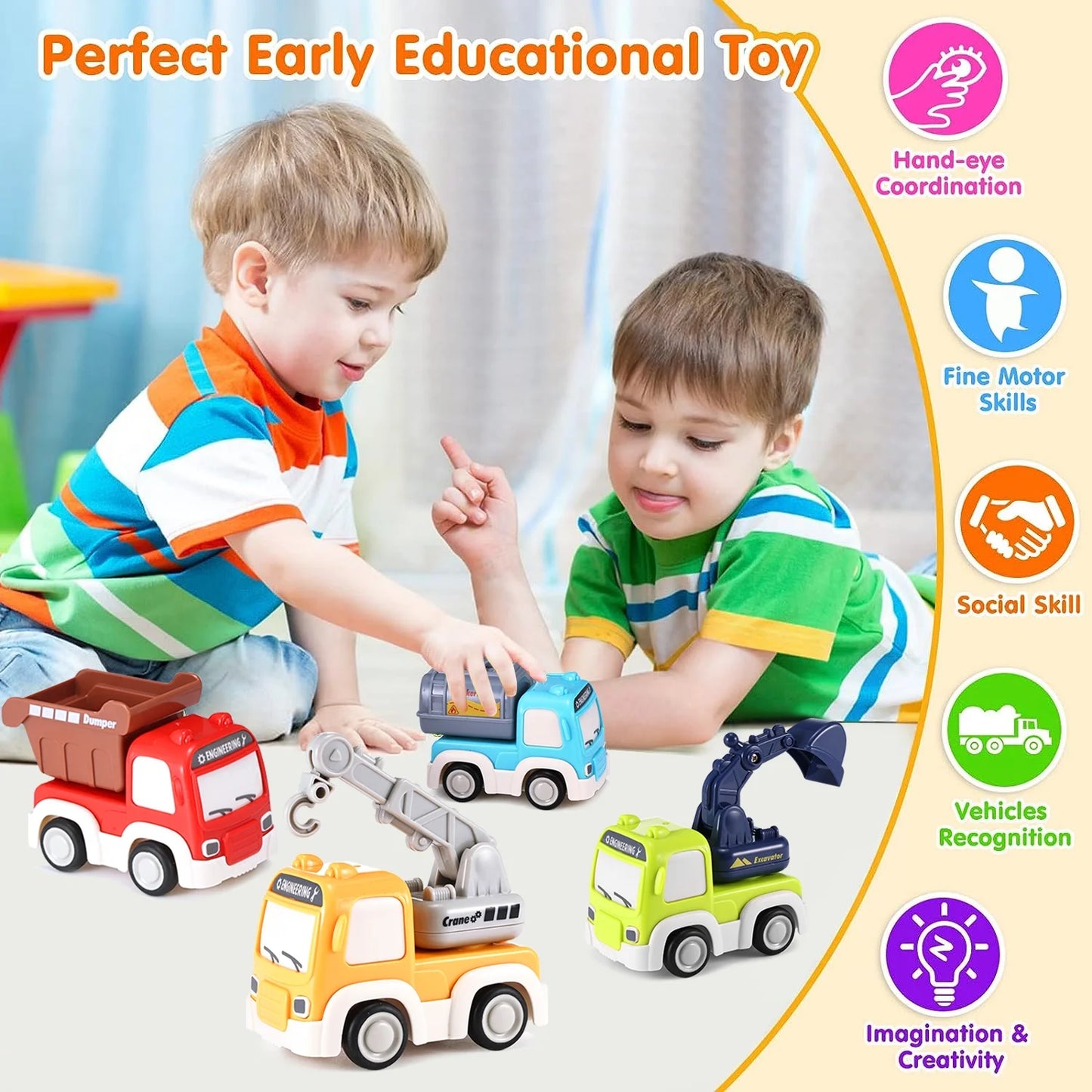 Pull Back Cars for Toddlers, Friction Powered Cars with Playmat/Storage Bag, Push and Go Toys Car Construction Vehicles Toy Set for Baby Kids Gift Ages 1 2 3