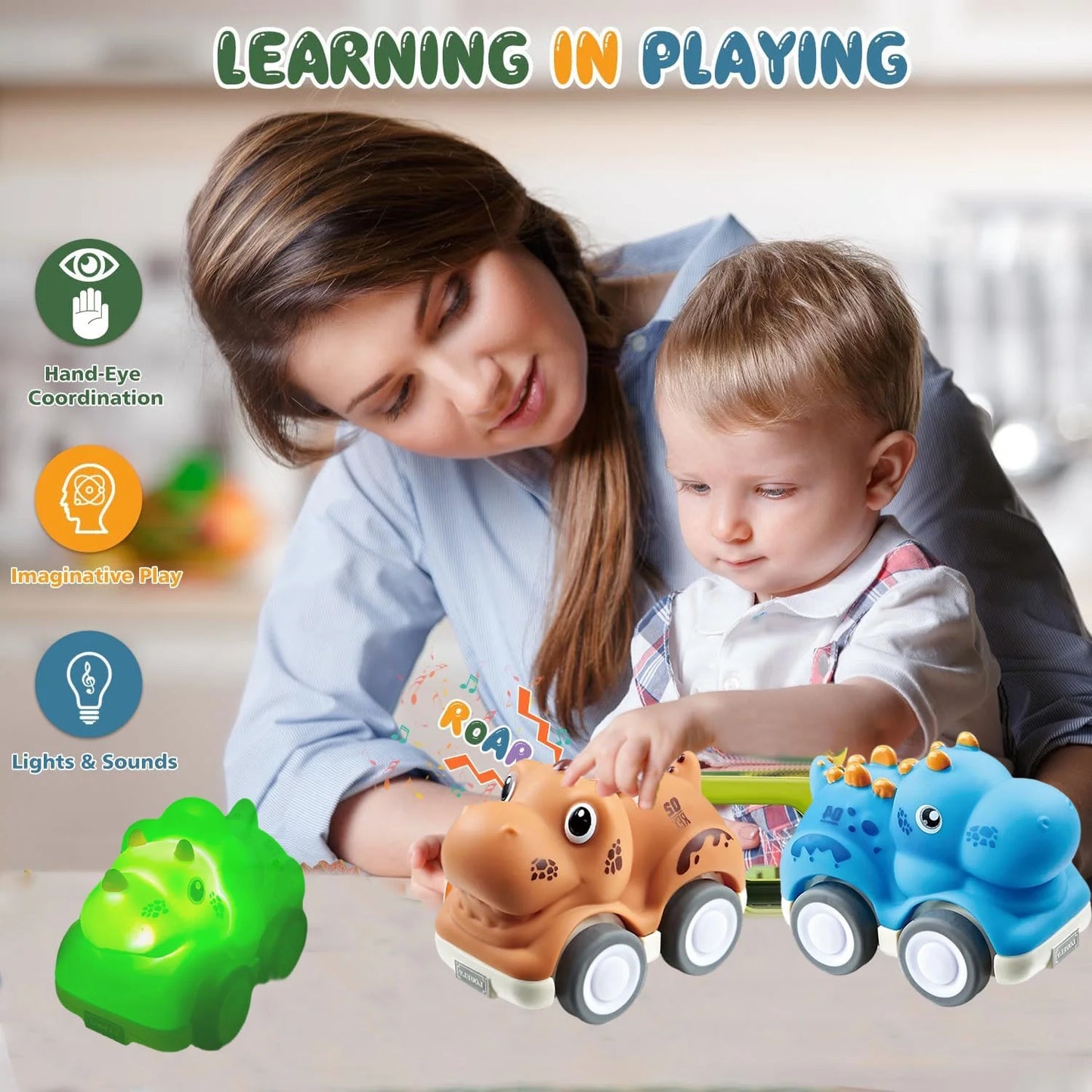 Dinosaur Toys Pull Back Cars, 3 Pack Dino Toys for 1 2 3 Year Old Boys Girls and Toddlers, Dino Cars for Kids 3-5 Year Old Birthday Gifts