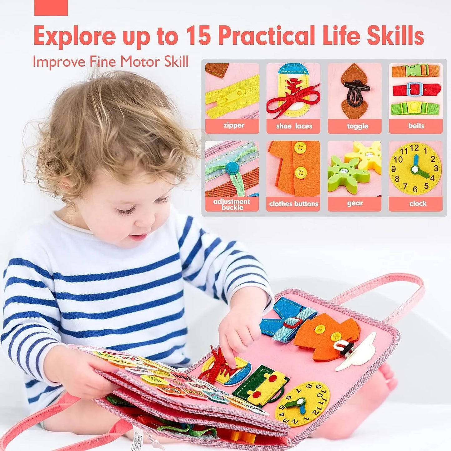 Busy Board for Toddler, 8 in 1 Montessori Sensory Toys for Boys Girls Age 1 2 3 4, Toddler Travel Toys, Educational Learning Activities Board for Fine Motor Skills, Ideal Gift for Toddlers