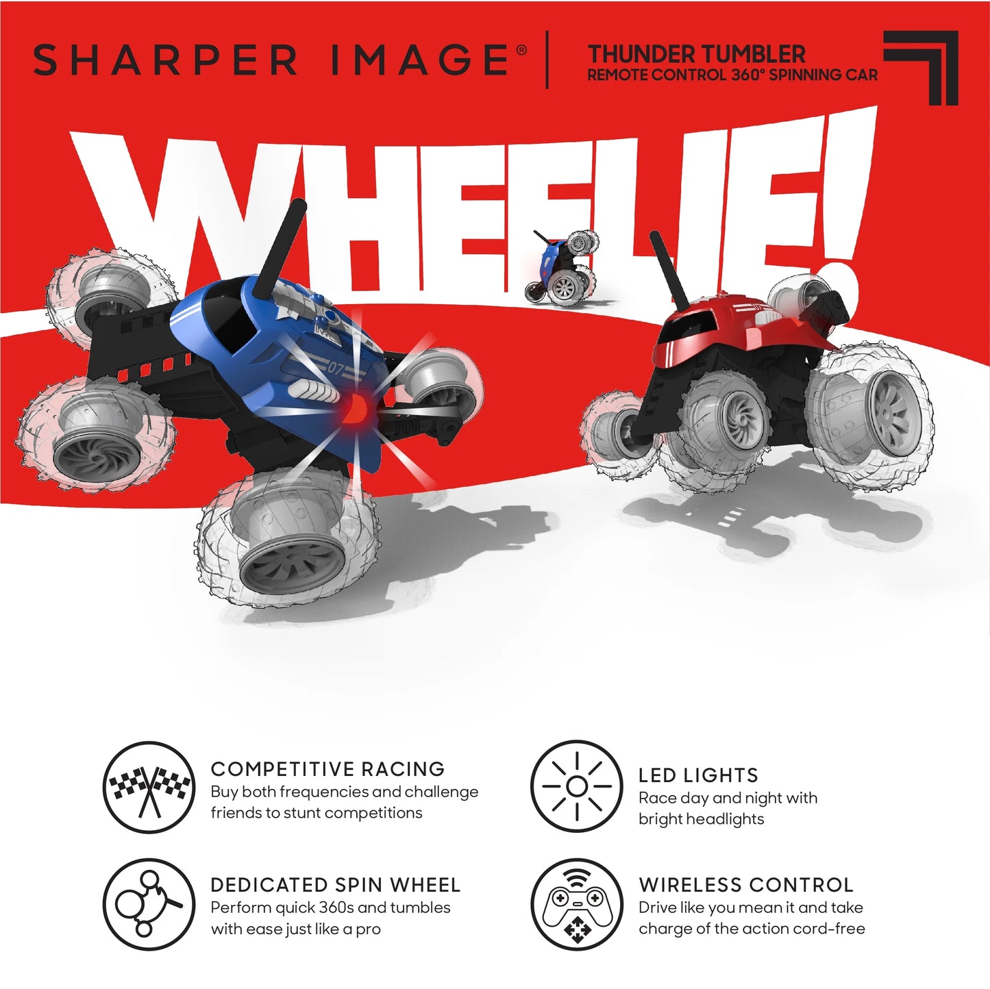 ® Thunder Tumbler Remote Control Car, with LED Lighting and 360 Spins, Age 6+, Red