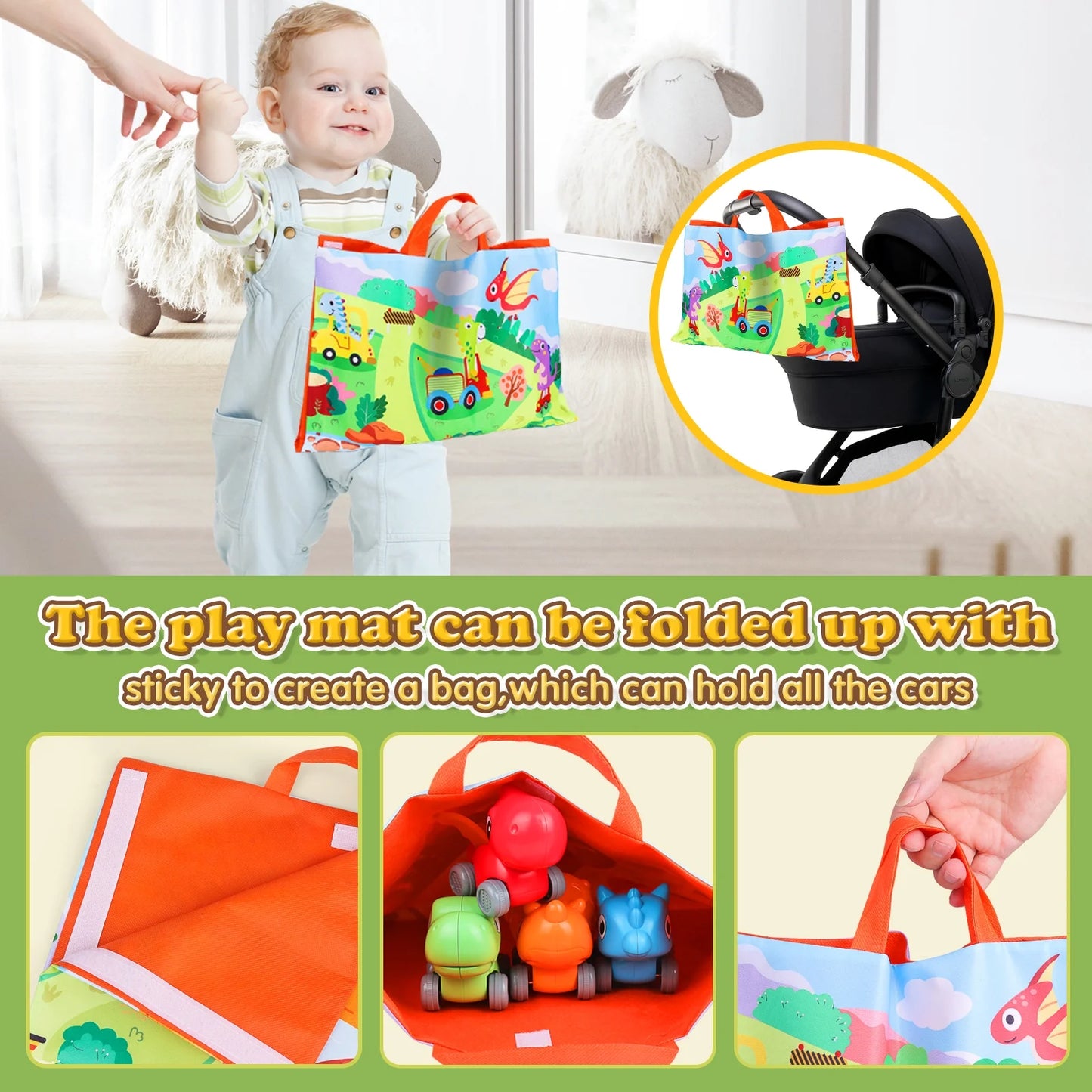 Baby Car Toys for 1 Year Old Boy, 4 PCS Dinosaur Car Toys with Playmat/Storage Bag, 1St Birthday Gift for Toddler Age 1-2, Push Go Friction Vehilce for Boy Christmas Gift for Infant 12-18 Months
