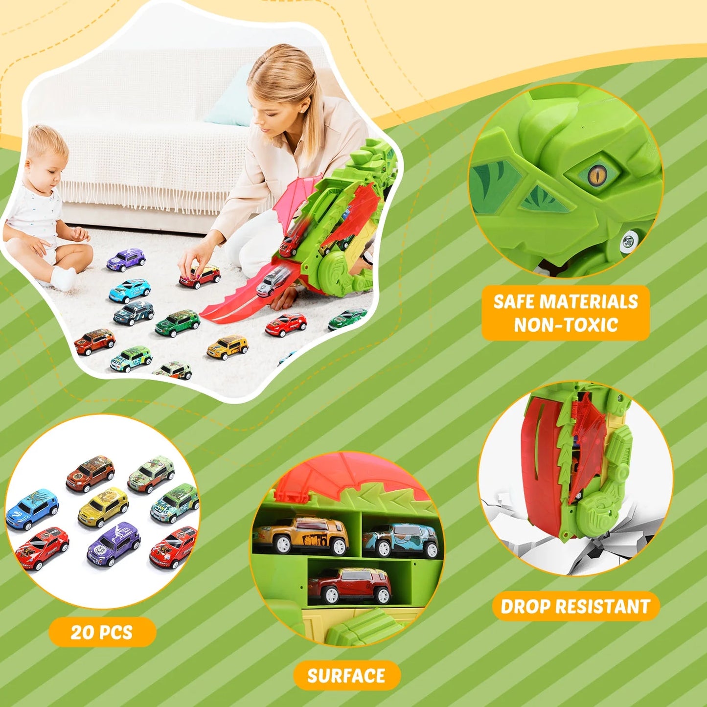 20 in 1 Dinosaur Transport Truck with 20 Cars, City Dinosaur Ultimate Hauler Track Toy, Transforms into Stomping Standing Dinosaur Toddler Toys Birthday Gift for Kids Ages 3+