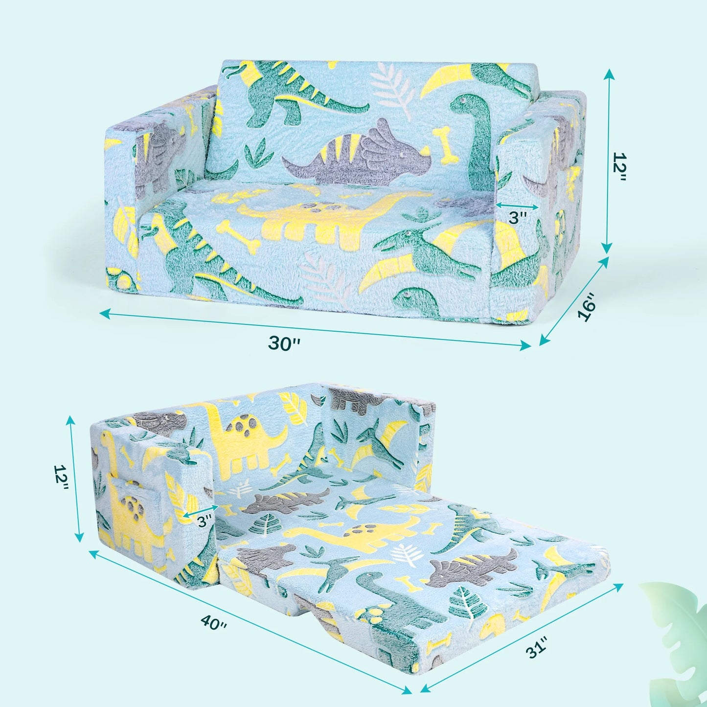 Kids Couch Toddler Chair,Foldable Kids Sofa with Pocket,Glow in the Dark,Toddler Bed for Girls Boys