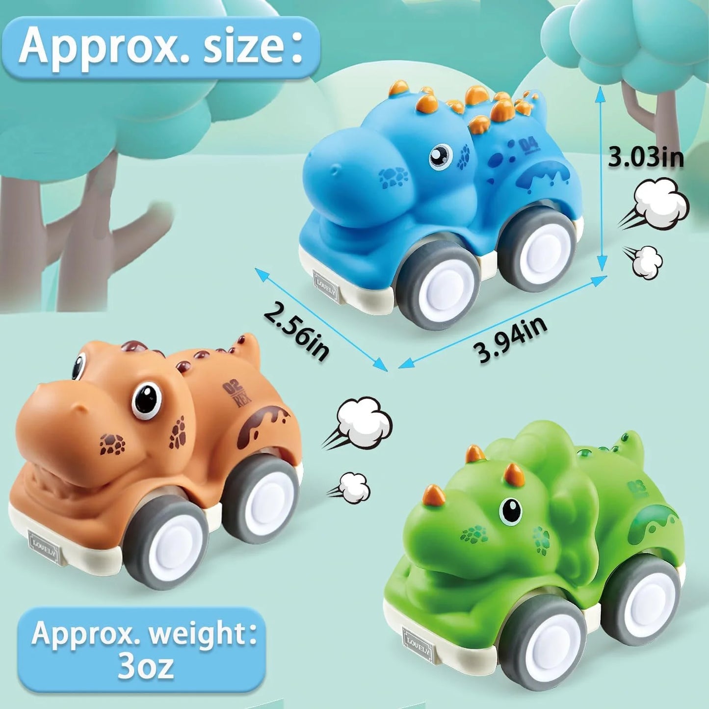 Dinosaur Toys Pull Back Cars, 3 Pack Dino Toys for 1 2 3 Year Old Boys Girls and Toddlers, Dino Cars for Kids 3-5 Year Old Birthday Gifts