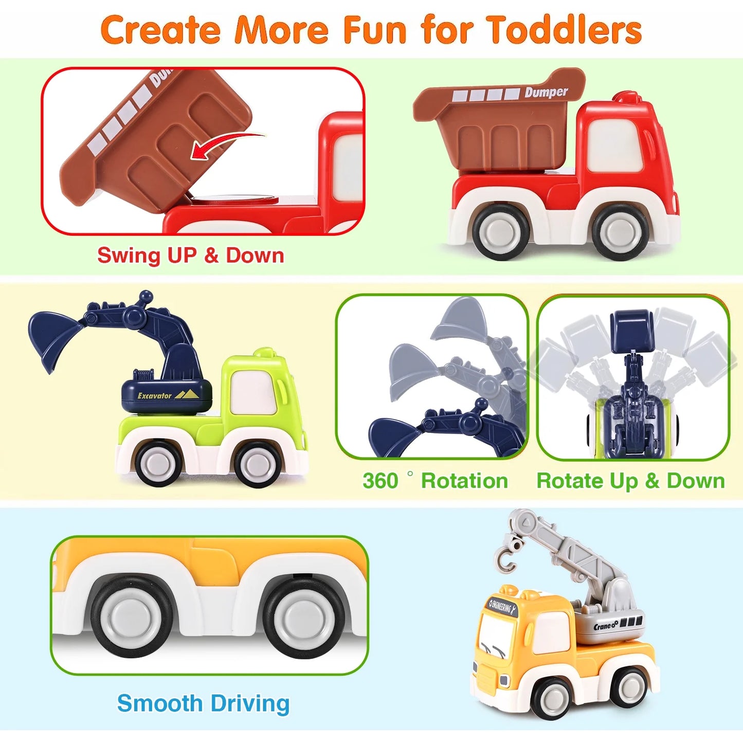 Pull Back Cars for Toddlers, Friction Powered Cars with Playmat/Storage Bag, Push and Go Toys Car Construction Vehicles Toy Set for Baby Kids Gift Ages 1 2 3