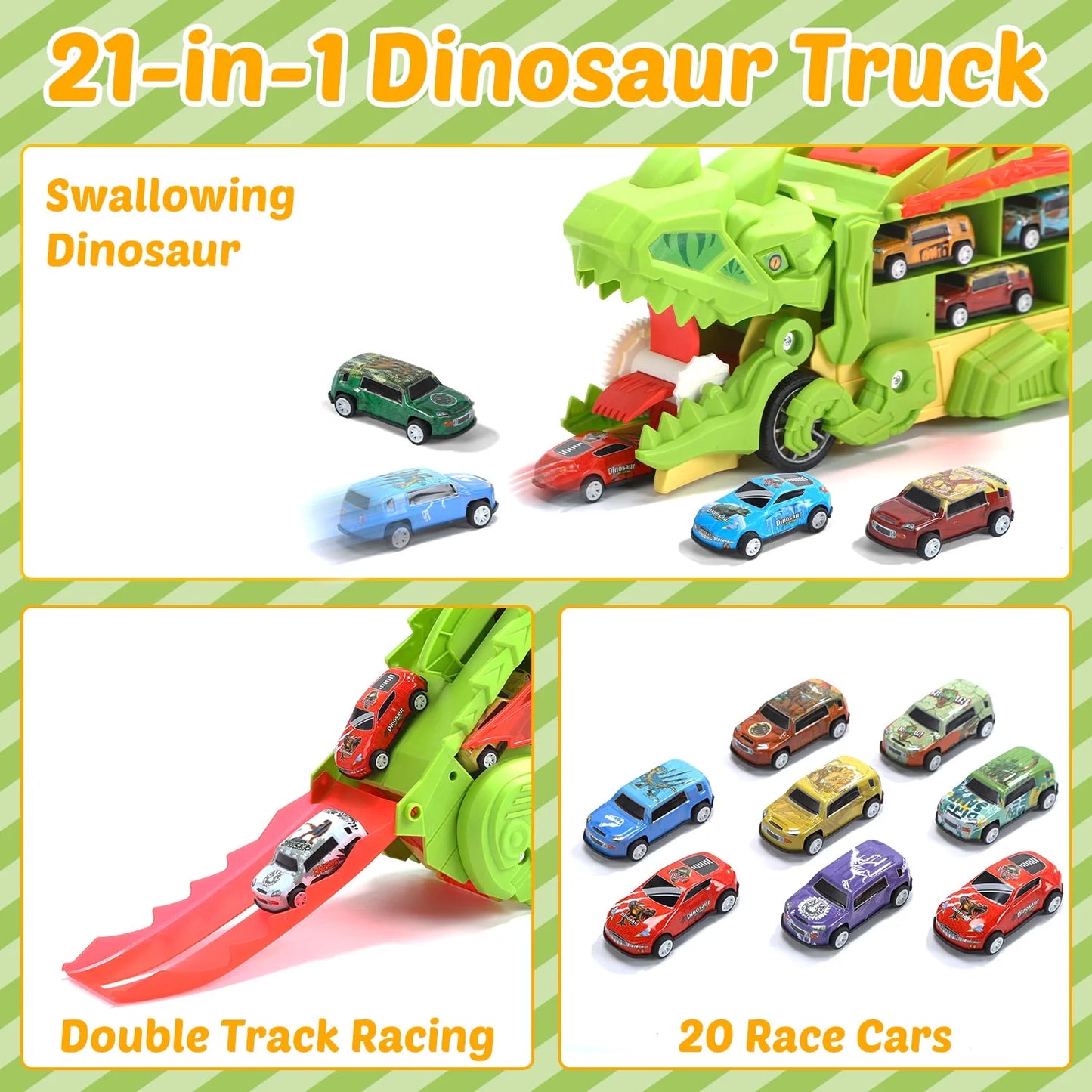 20 in 1 Dinosaur Transport Truck with 20 Cars, City Dinosaur Ultimate Hauler Track Toy, Transforms into Stomping Standing Dinosaur Toddler Toys Birthday Gift for Kids Ages 3+