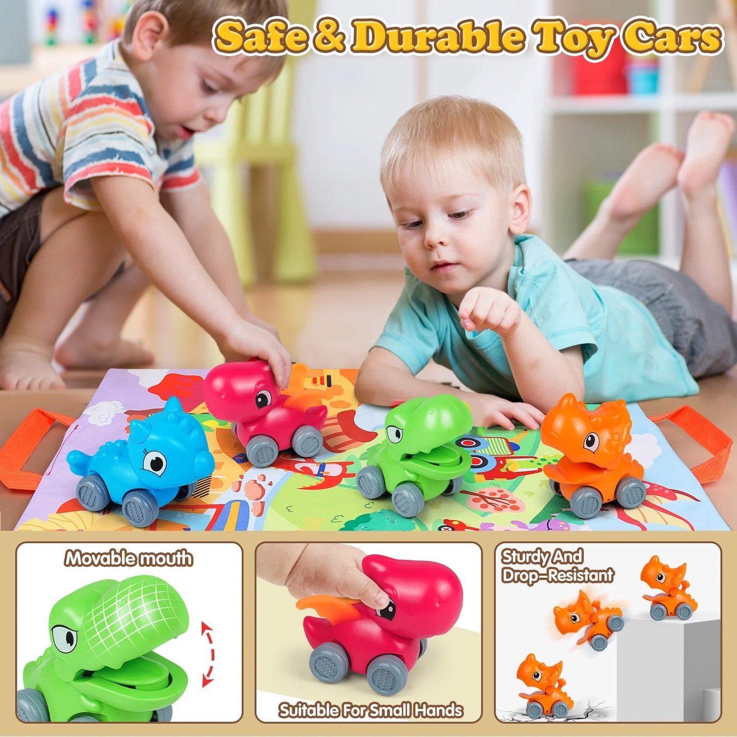 Baby Car Toys for 1 Year Old Boy, 4 PCS Dinosaur Car Toys with Playmat/Storage Bag, 1St Birthday Gift for Toddler Age 1-2, Push Go Friction Vehilce for Boy Christmas Gift for Infant 12-18 Months
