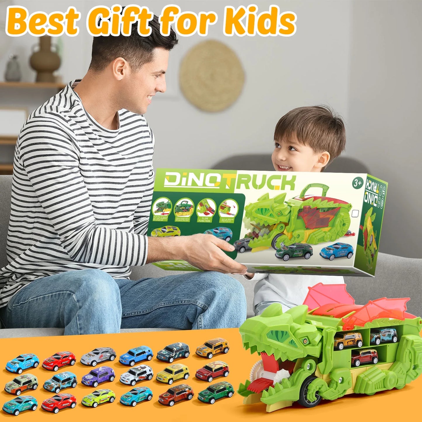 20 in 1 Dinosaur Transport Truck with 20 Cars, City Dinosaur Ultimate Hauler Track Toy, Transforms into Stomping Standing Dinosaur Toddler Toys Birthday Gift for Kids Ages 3+