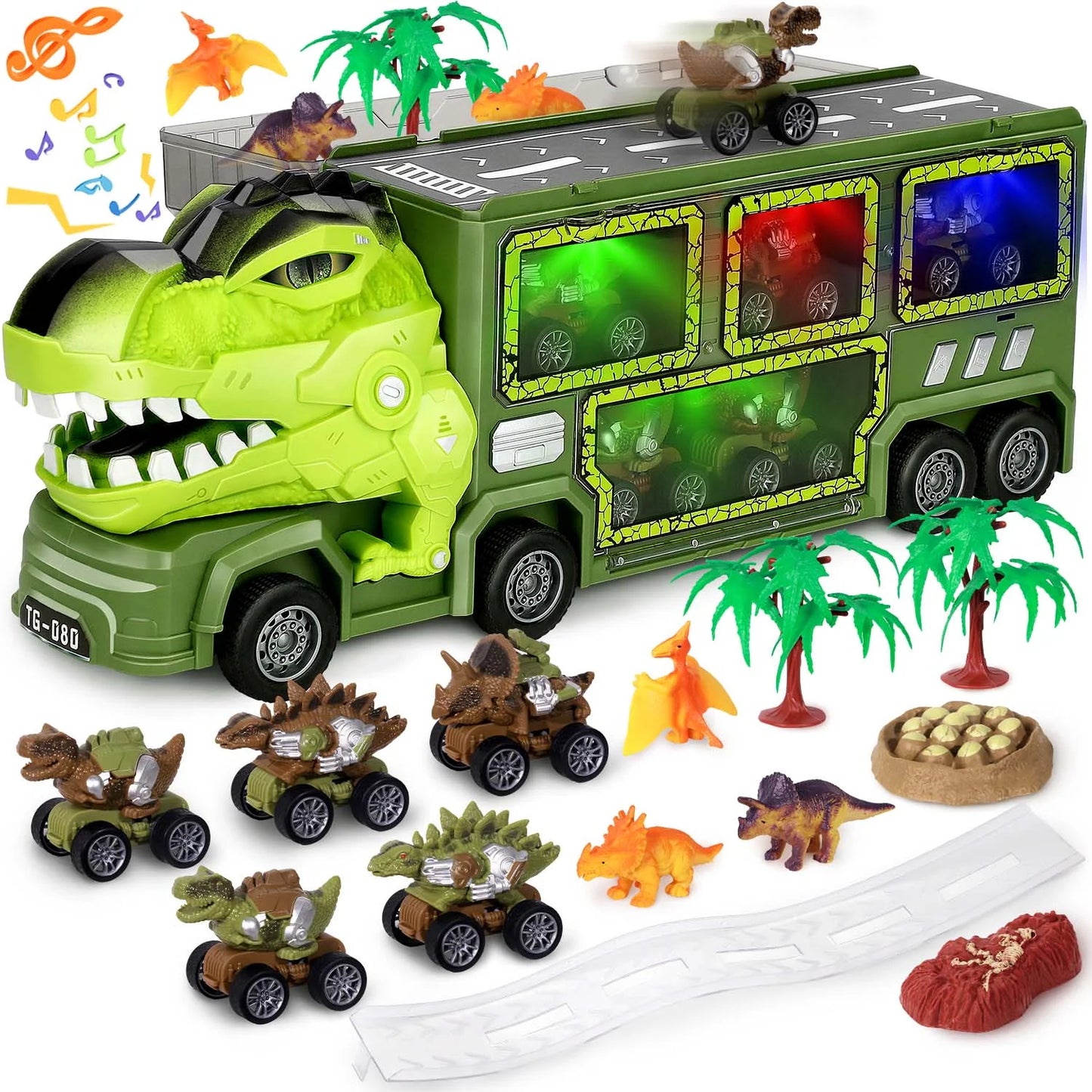 Dinosaur Truck Toys for Boys 3-6 Years, Dinosaur Truck Carrier -Tyrannosaurus Transport Car Carrier Truck with Lights, Music and Sounds, Dinosaur Play Sets for Boys Girls