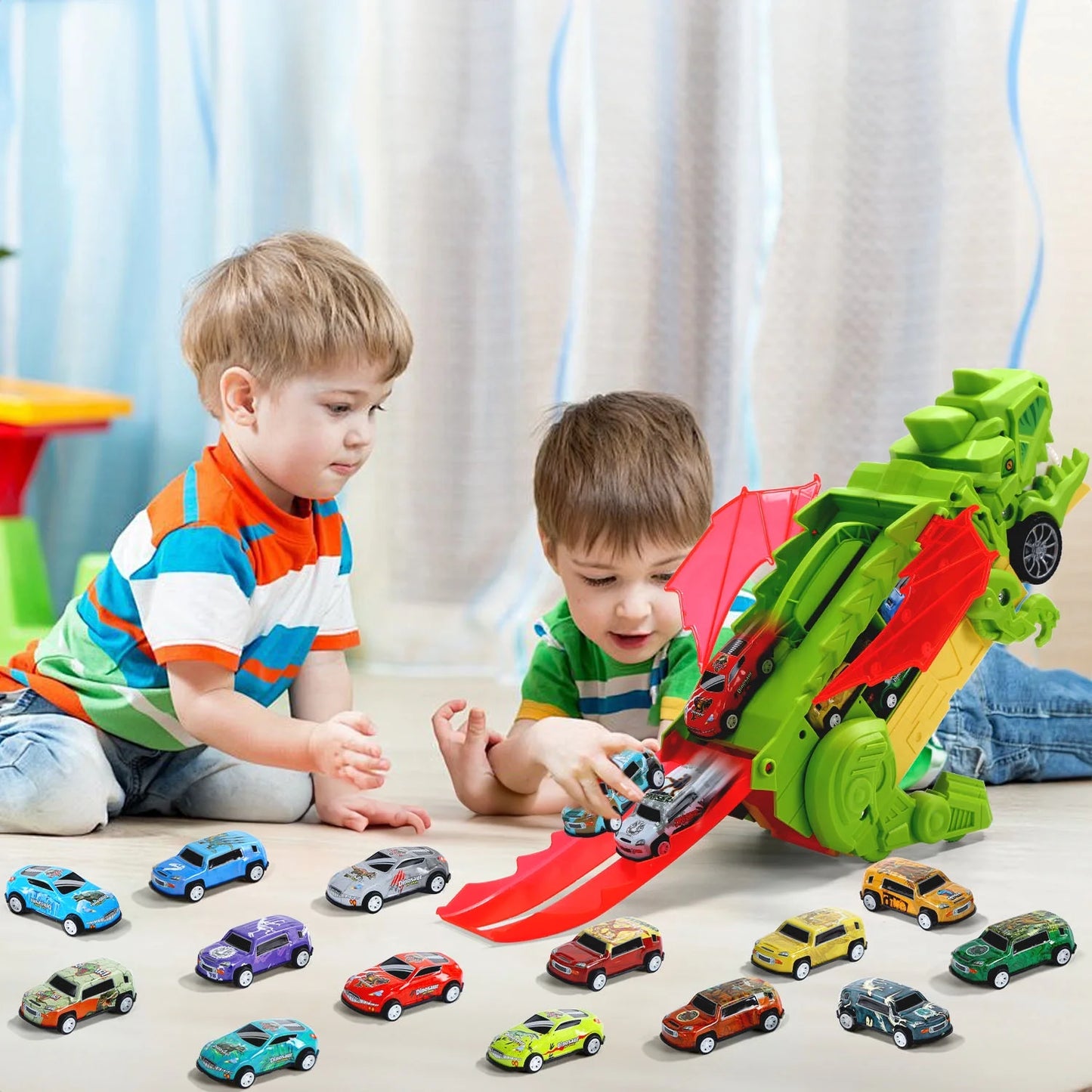 20 in 1 Dinosaur Transport Truck with 20 Cars, City Dinosaur Ultimate Hauler Track Toy, Transforms into Stomping Standing Dinosaur Toddler Toys Birthday Gift for Kids Ages 3+