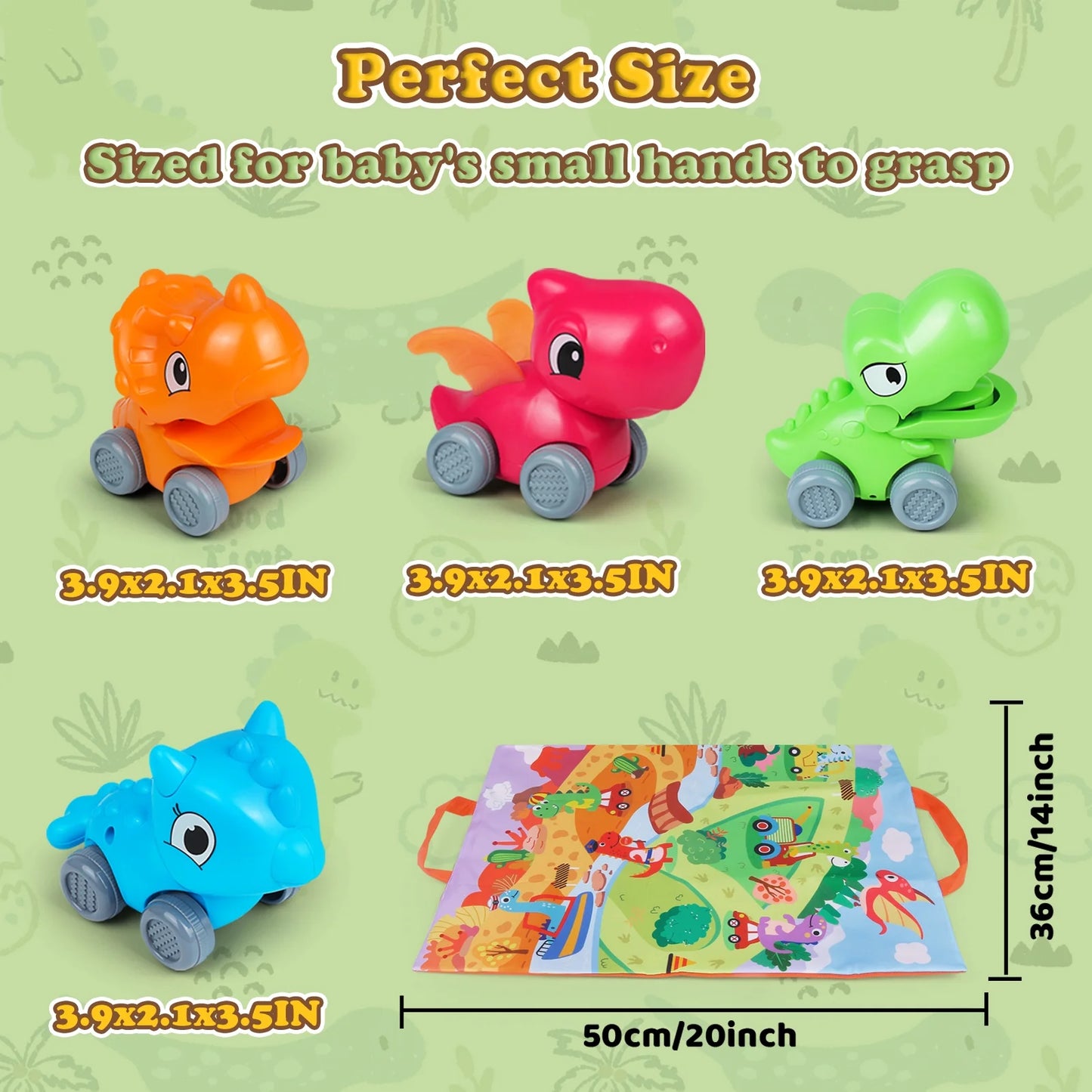 Baby Car Toys for 1 Year Old Boy, 4 PCS Dinosaur Car Toys with Playmat/Storage Bag, 1St Birthday Gift for Toddler Age 1-2, Push Go Friction Vehilce for Boy Christmas Gift for Infant 12-18 Months