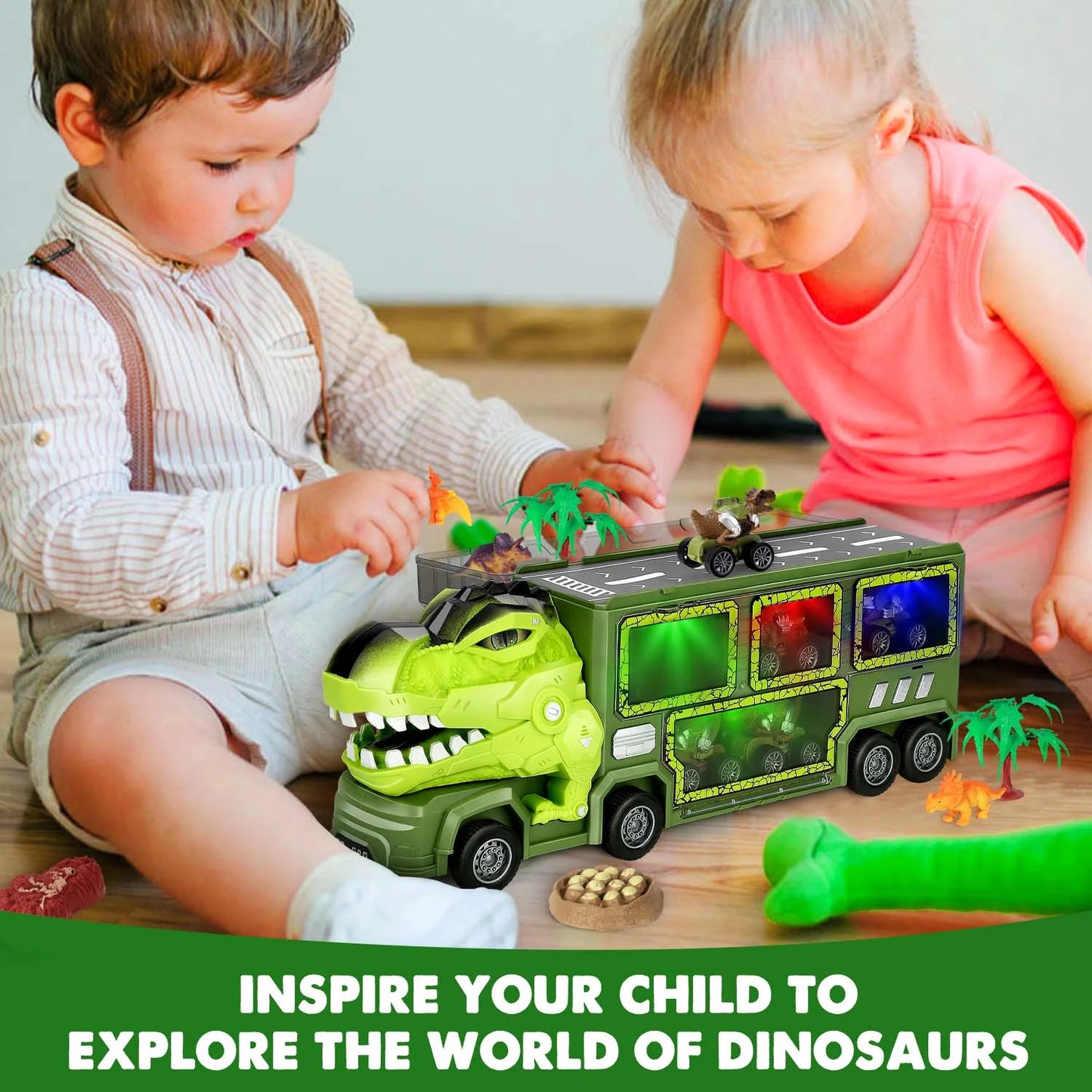 Dinosaur Truck Toys for Boys 3-6 Years, Dinosaur Truck Carrier -Tyrannosaurus Transport Car Carrier Truck with Lights, Music and Sounds, Dinosaur Play Sets for Boys Girls