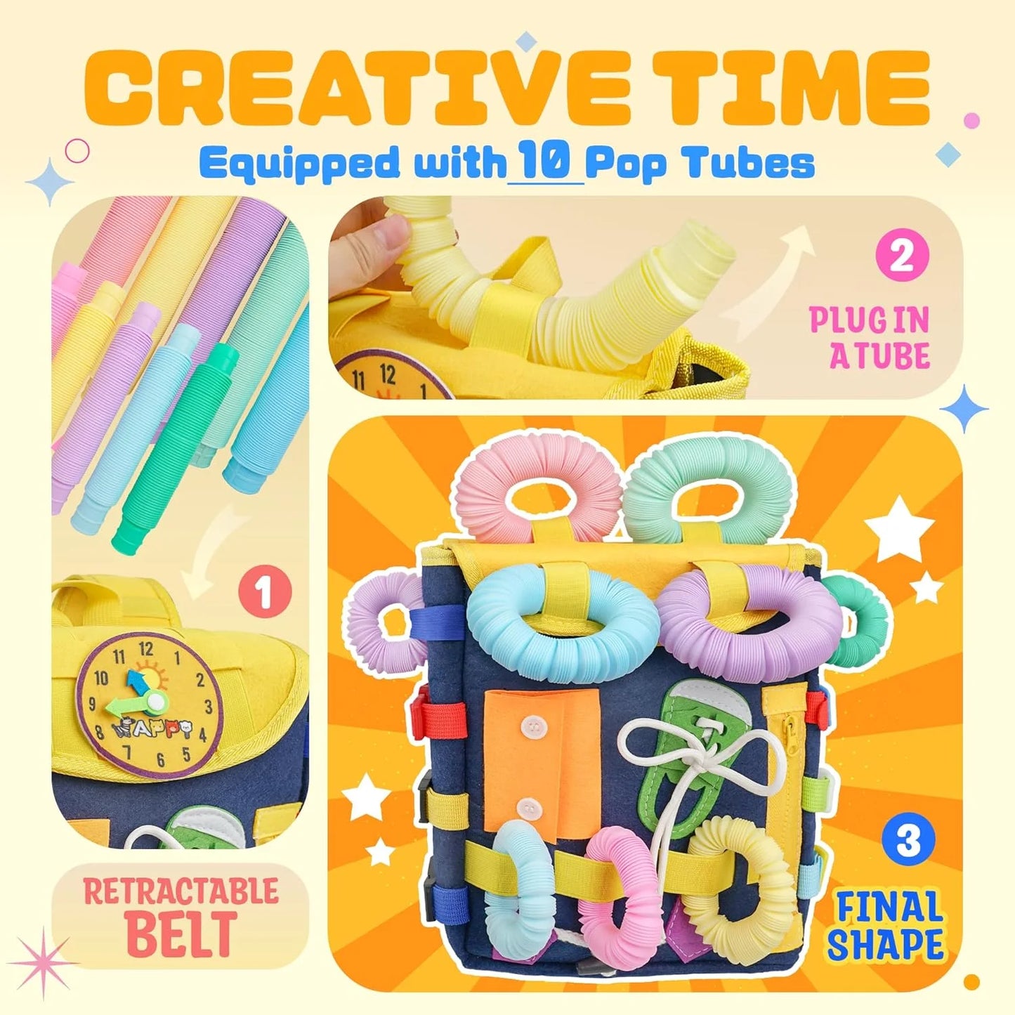 Toddler Backpack Toys Busy Board with Buckles and Zippers, Preschool Learning Travel Activities Sensory Toys Ideal Gifts for Kids Boys Girls Birthday