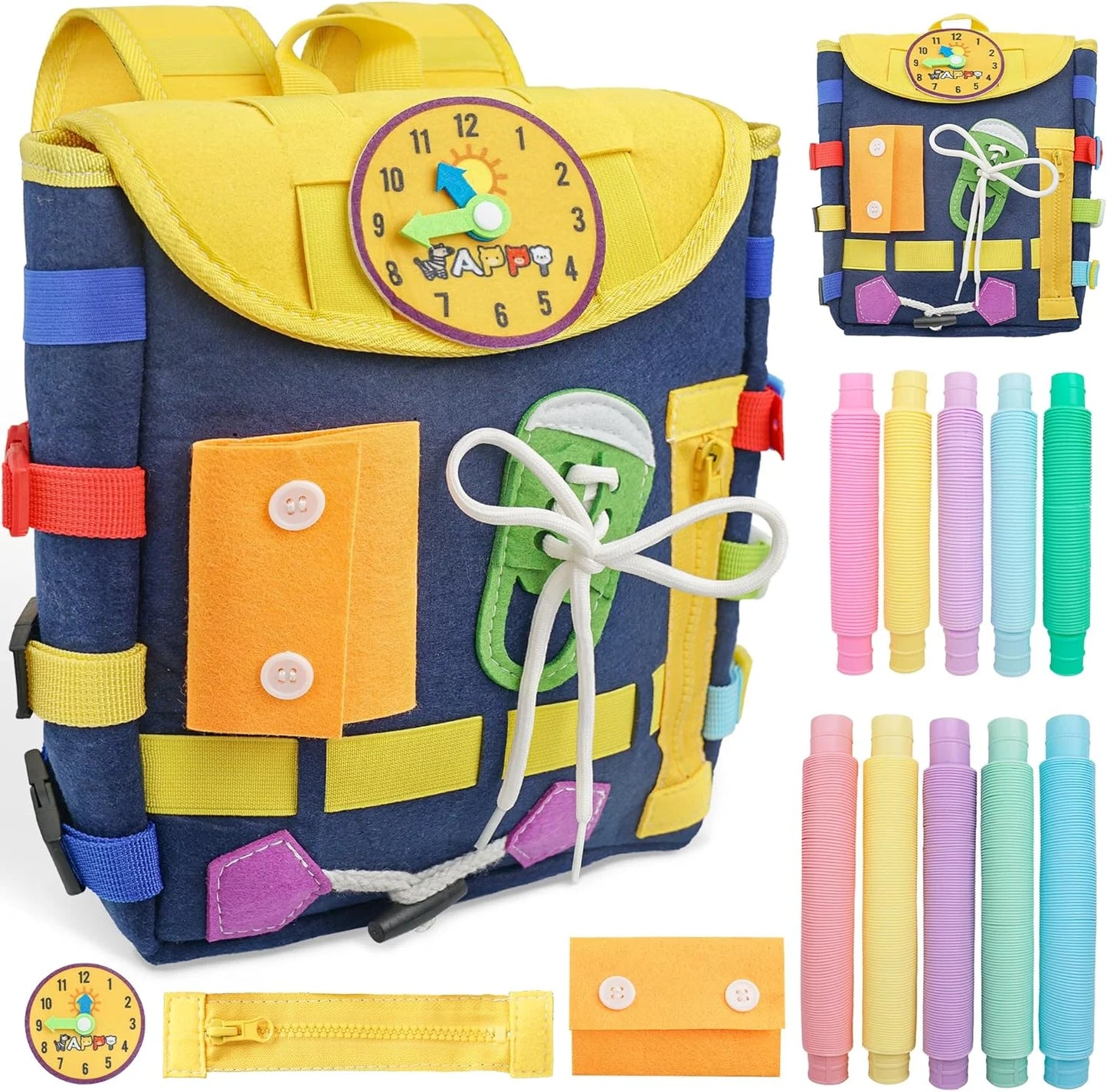 Toddler Backpack Toys Busy Board with Buckles and Zippers, Preschool Learning Travel Activities Sensory Toys Ideal Gifts for Kids Boys Girls Birthday