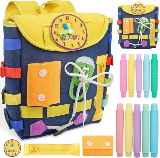 Toddler Backpack Toys Busy Board with Buckles and Zippers, Preschool Learning Travel Activities Sensory Toys Ideal Gifts for Kids Boys Girls Birthday