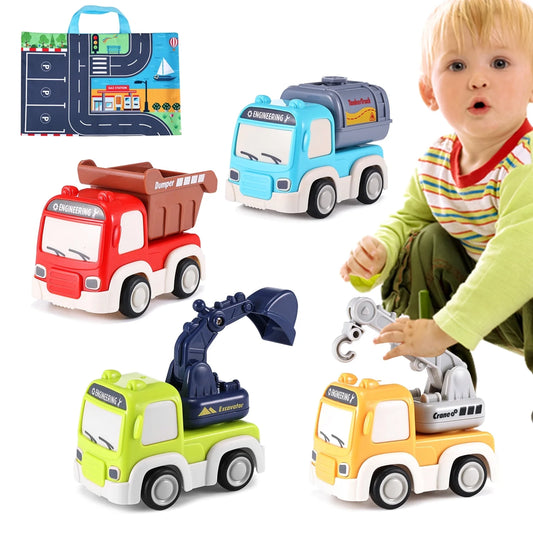 Pull Back Cars for Toddlers, Friction Powered Cars with Playmat/Storage Bag, Push and Go Toys Car Construction Vehicles Toy Set for Baby Kids Gift Ages 1 2 3