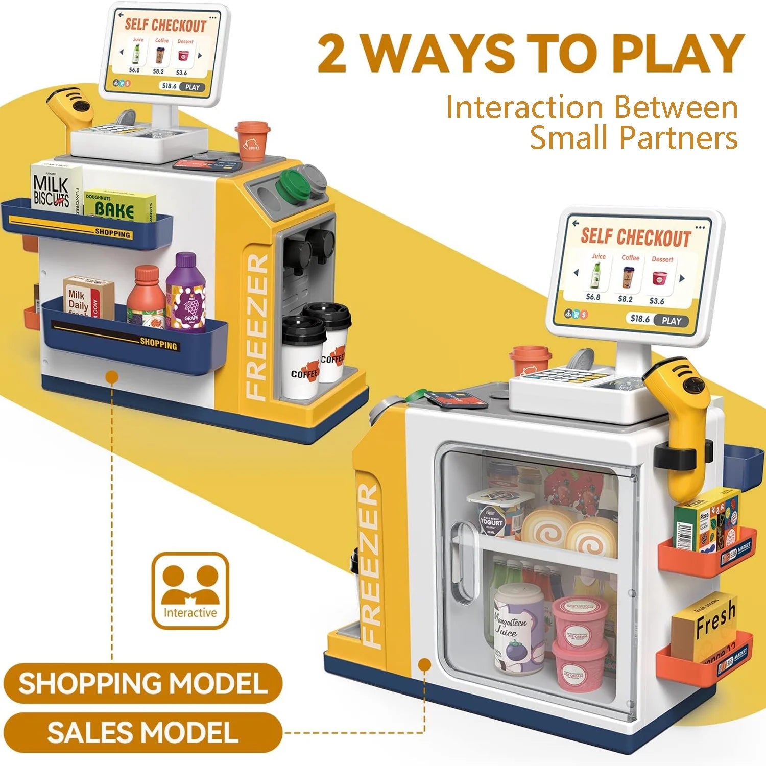 46PCS Cash Register for Kids, Kids Pretend Play Toys with Scanner, Shopping Cart, Calculator, Play Food, Toddler Toys for Boys Girls, Toys for Girls 3 6 Years, Kids Toys Cash Register-Yellow