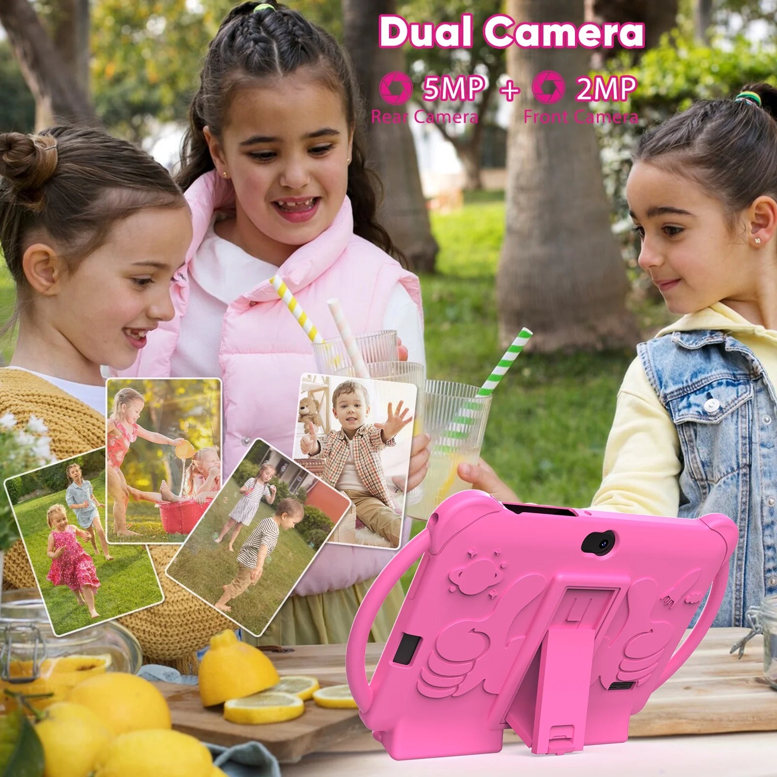 Kids Tablets 7 Inch Android 12, 4GB RAM 32GB ROM, 512GB Expandable, with Parental Control, Google Certified, Wifi, Bluetooth, Dual Camera with Silicone Case(Pink)