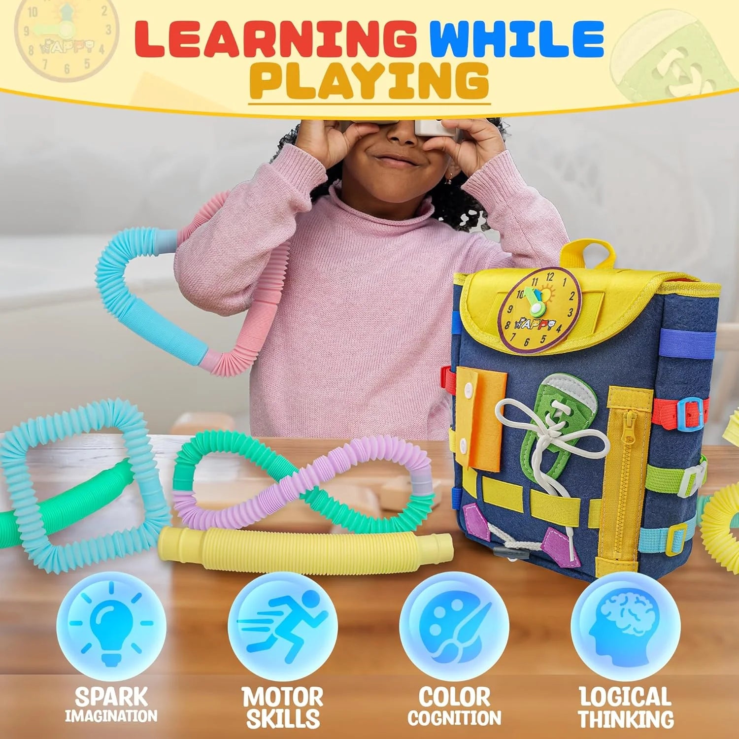Toddler Backpack Toys Busy Board with Buckles and Zippers, Preschool Learning Travel Activities Sensory Toys Ideal Gifts for Kids Boys Girls Birthday