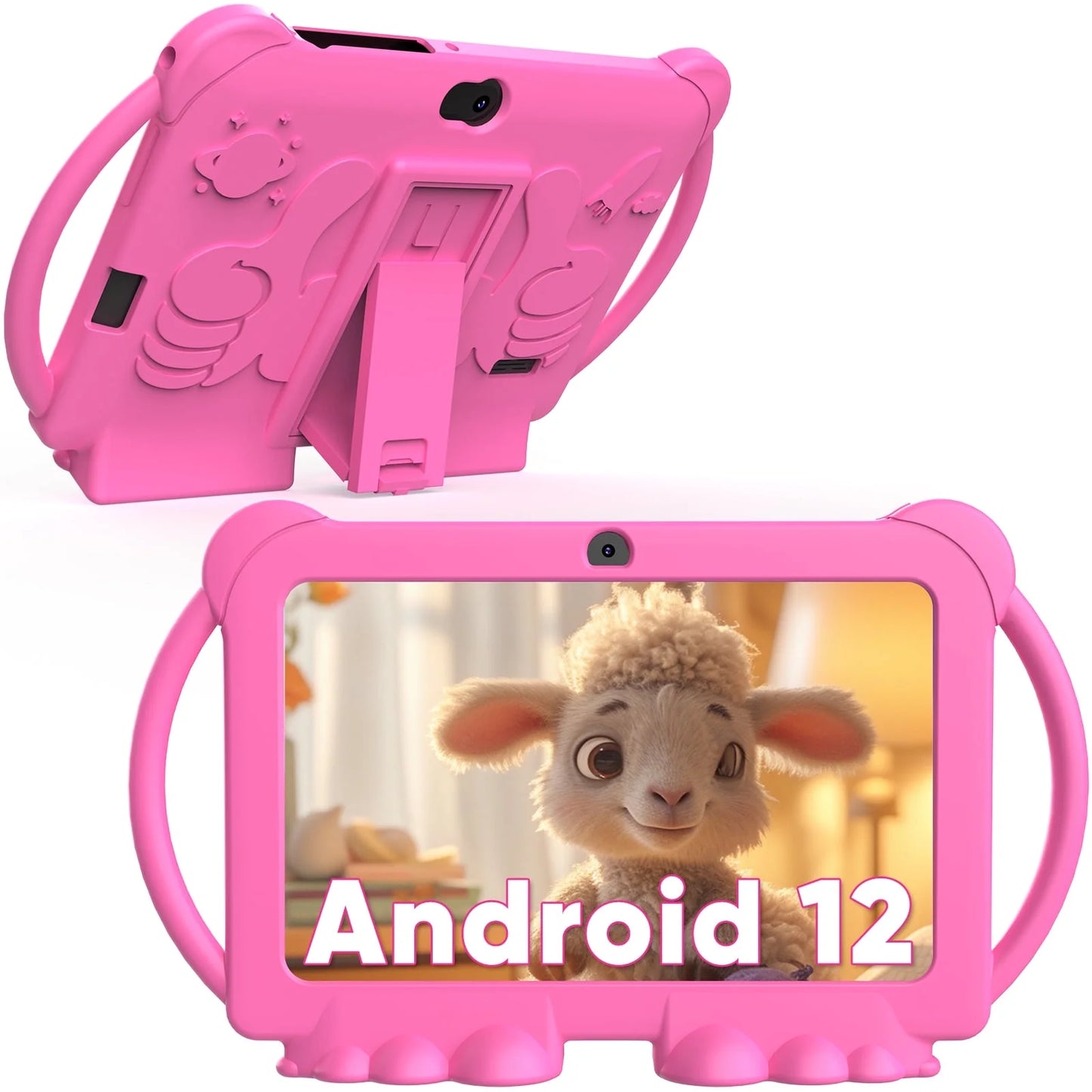 Kids Tablets 7 Inch Android 12, 4GB RAM 32GB ROM, 512GB Expandable, with Parental Control, Google Certified, Wifi, Bluetooth, Dual Camera with Silicone Case(Pink)