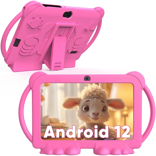 Kids Tablets 7 Inch Android 12, 4GB RAM 32GB ROM, 512GB Expandable, with Parental Control, Google Certified, Wifi, Bluetooth, Dual Camera with Silicone Case(Pink)