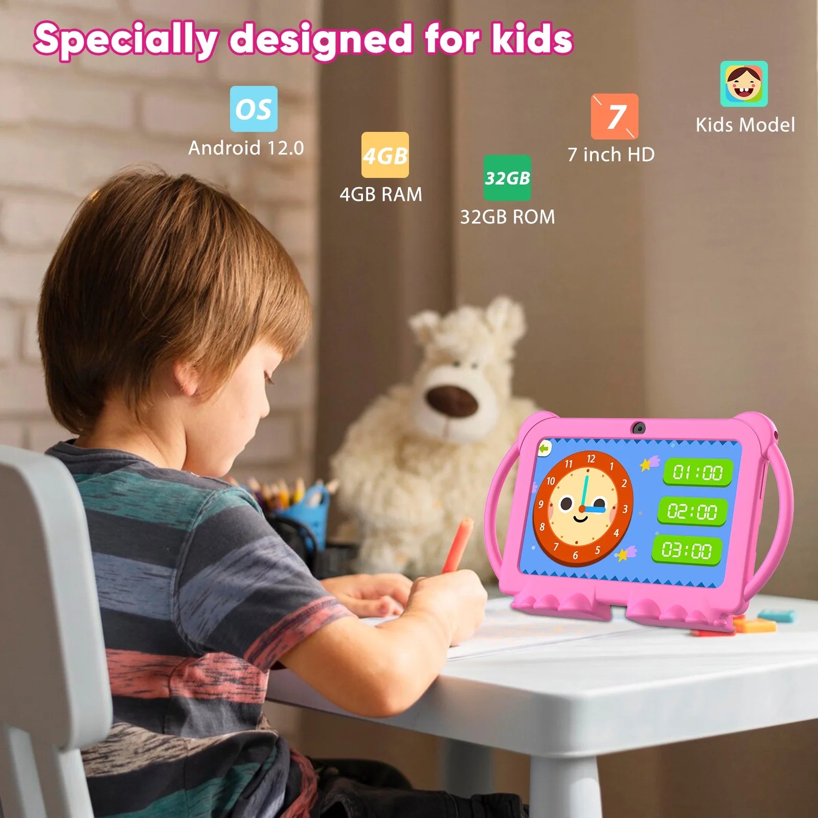 Kids Tablets 7 Inch Android 12, 4GB RAM 32GB ROM, 512GB Expandable, with Parental Control, Google Certified, Wifi, Bluetooth, Dual Camera with Silicone Case(Pink)