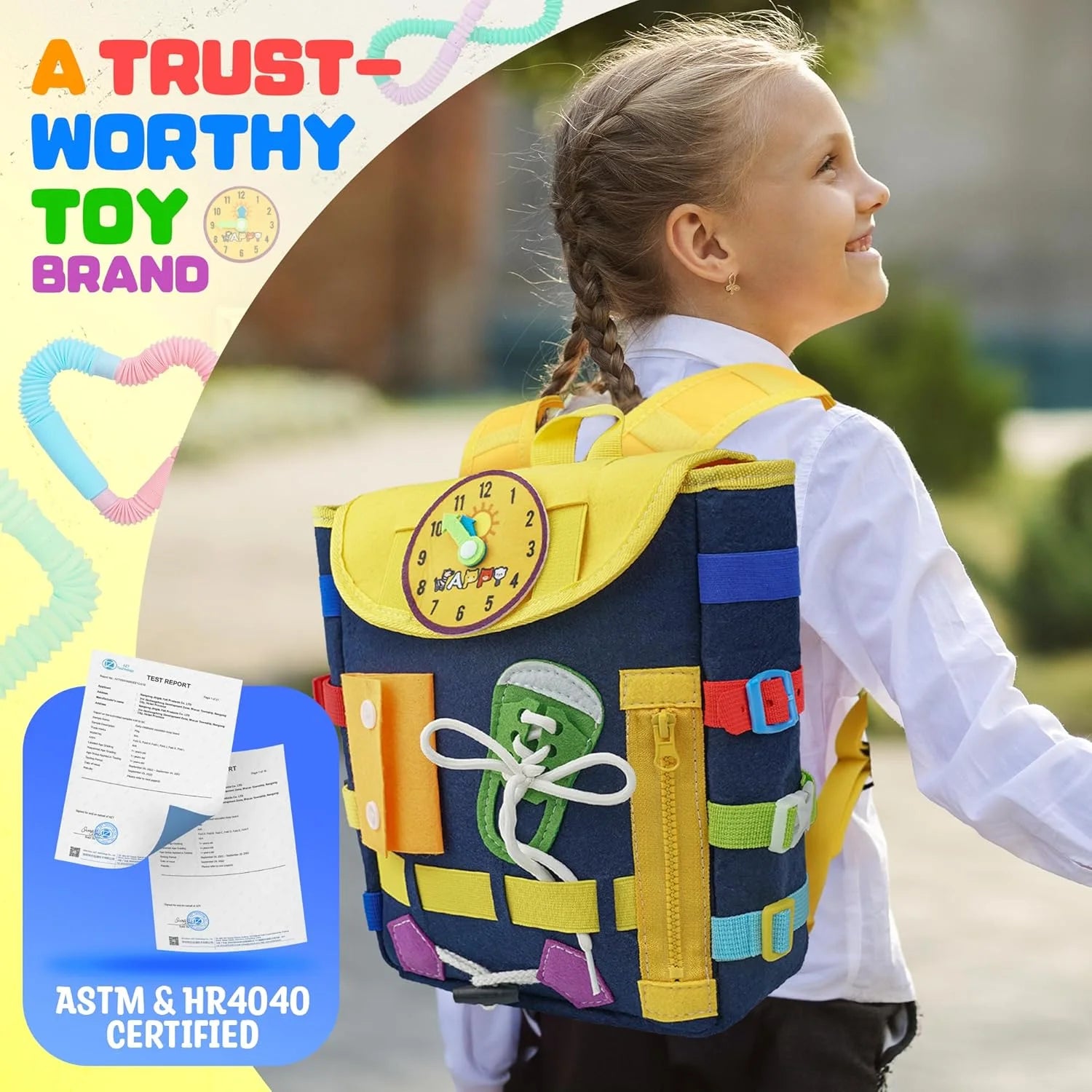 Toddler Backpack Toys Busy Board with Buckles and Zippers, Preschool Learning Travel Activities Sensory Toys Ideal Gifts for Kids Boys Girls Birthday