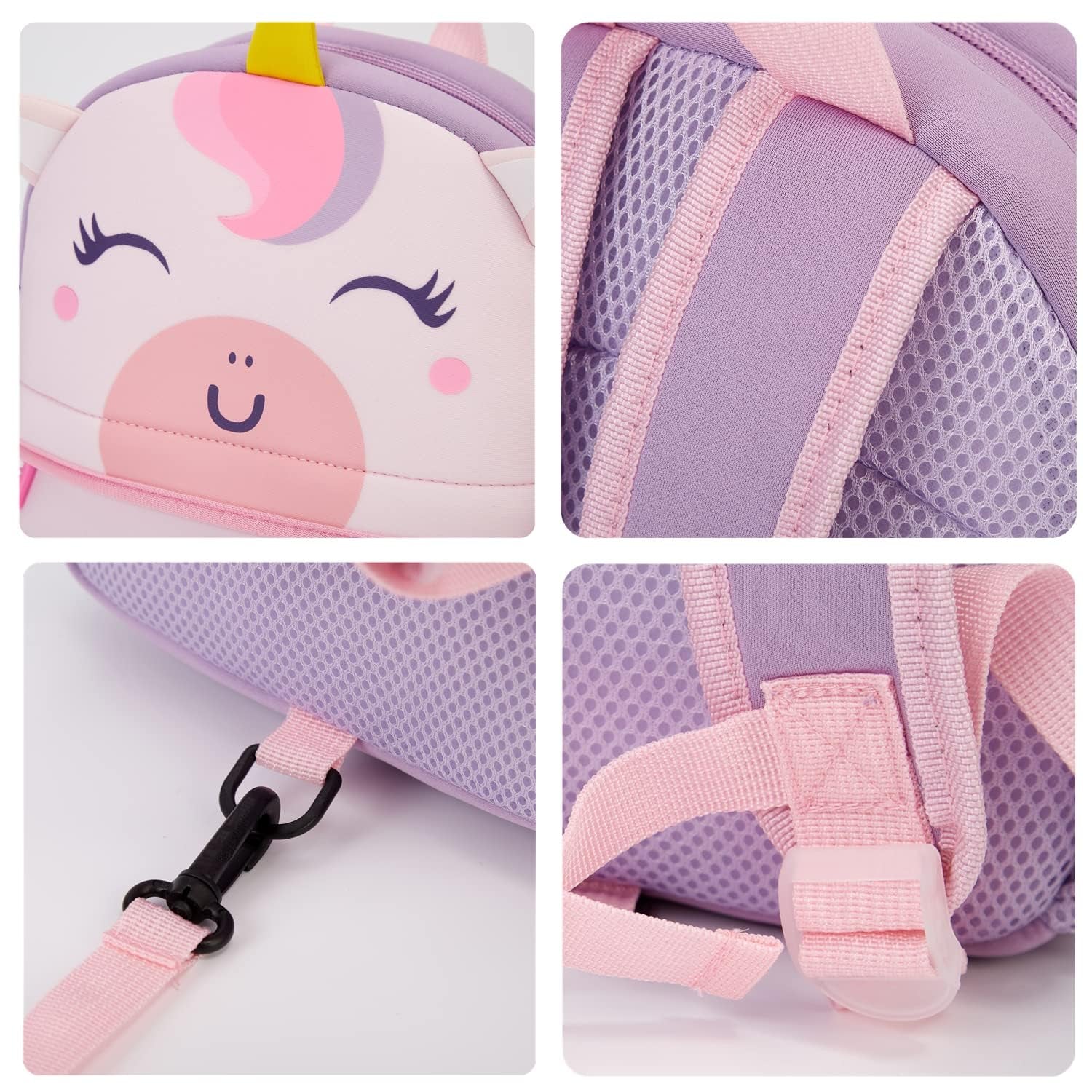 Preschool Toddler Backpack with Leash, 3D Cute Cartoon Neoprene Animal Schoolbag for Kids Boys Girls(Baby Unicorn)
