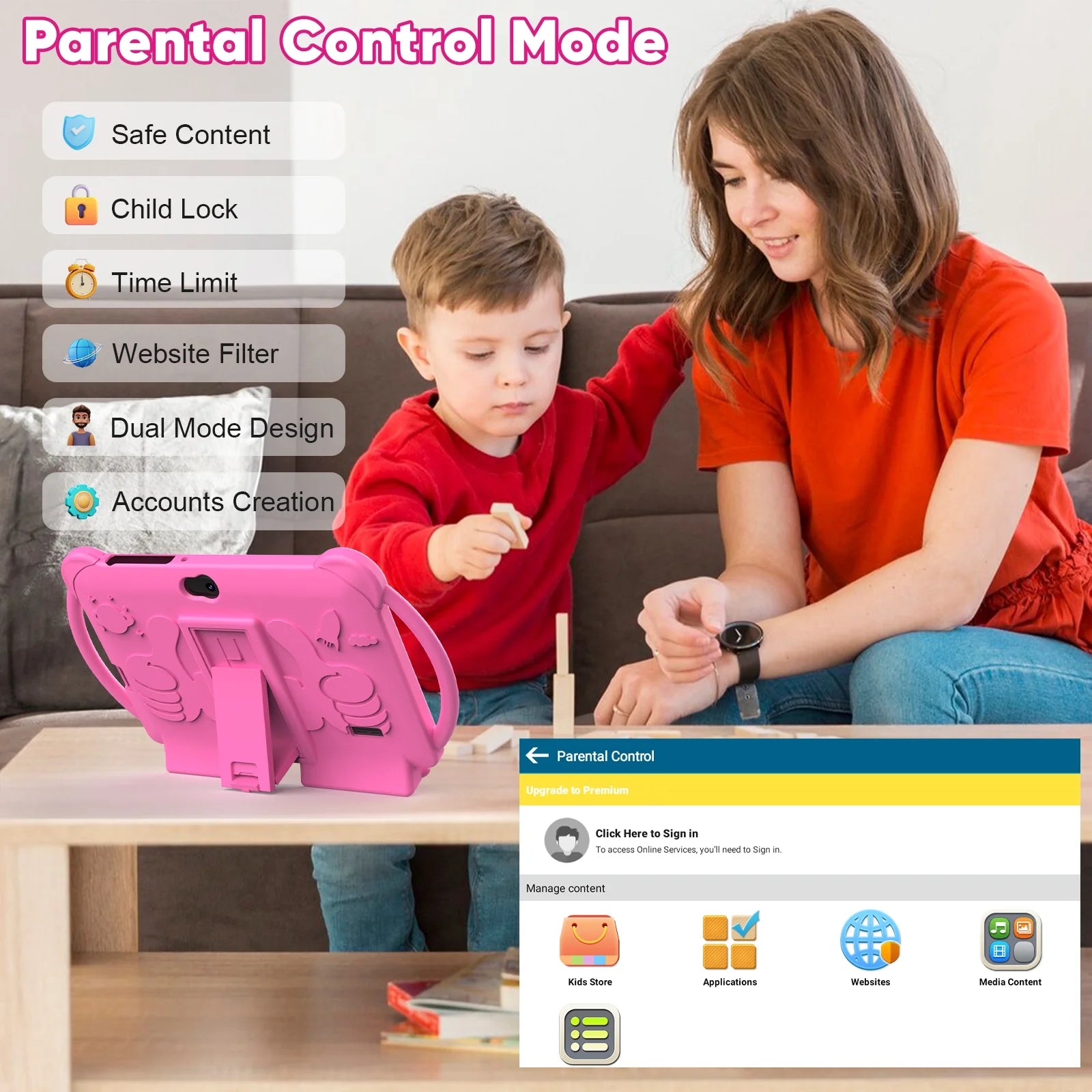 Kids Tablets 7 Inch Android 12, 4GB RAM 32GB ROM, 512GB Expandable, with Parental Control, Google Certified, Wifi, Bluetooth, Dual Camera with Silicone Case(Pink)