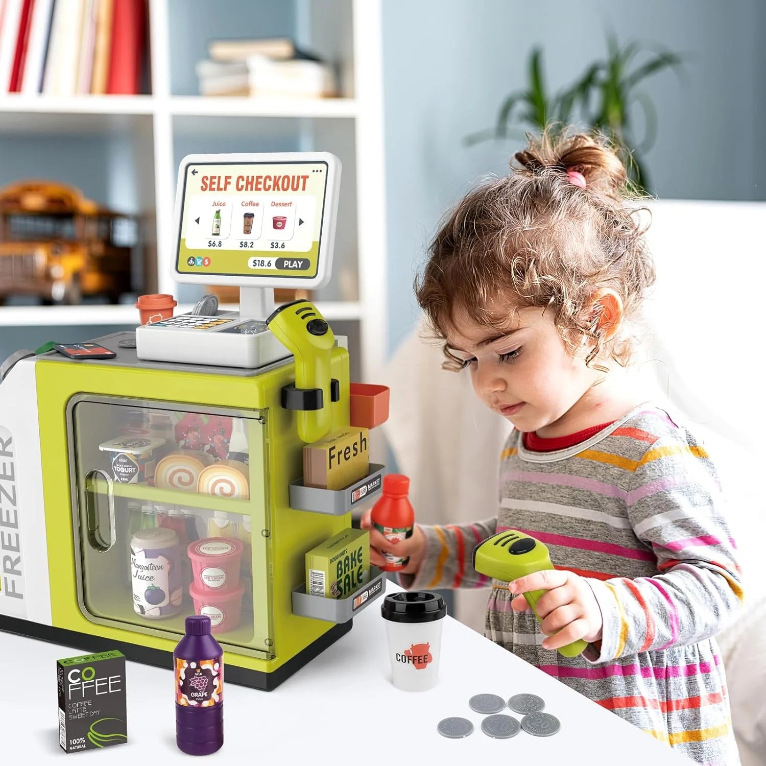 46PCS Upgraded Cash Register Playset for Kids, Cashier Register Toy, Kids Pretend Play Cash Register Toys with Scanner, Shopping Cart, Calculator, Play Food, Toys for Girls 3 6 Years-Green