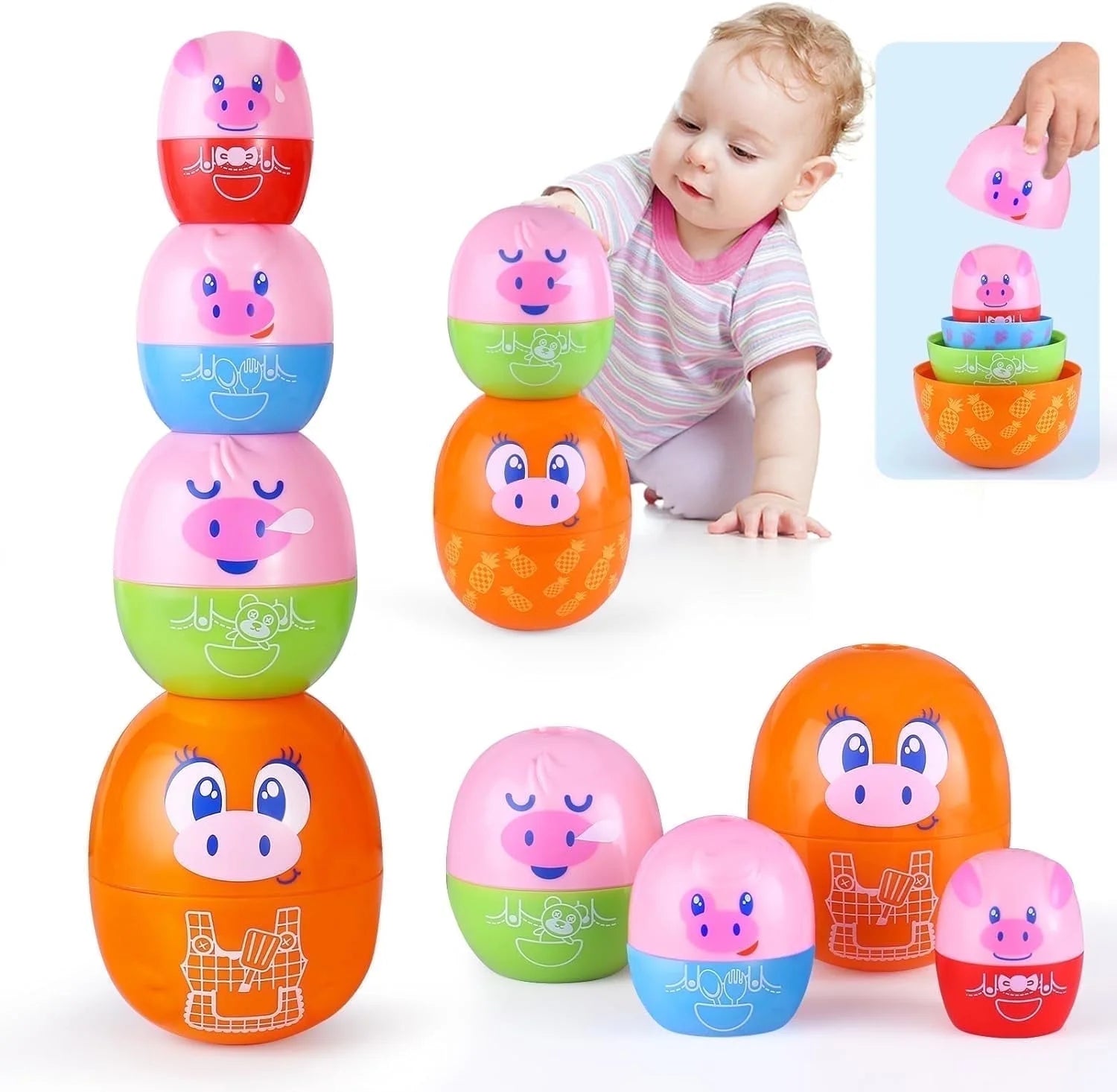 Matching Egg Toys for Toddlers, 8PCS Piggy Toys for Kids, Montessori Toys for 1 Year Old, Shape Sorter Stacking Nesting Dolls Sensory Learning Speech Therapy Birthday Gift 18+ Months