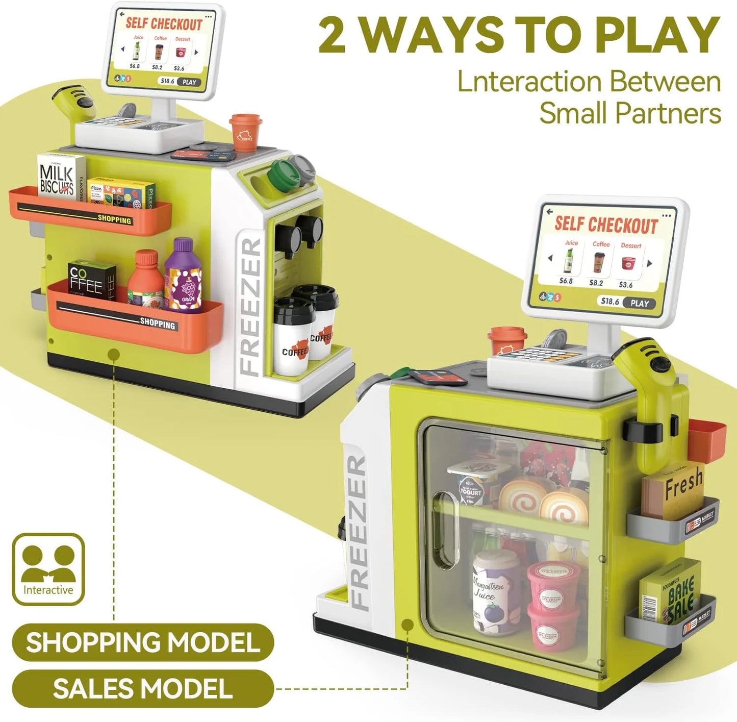 46PCS Upgraded Cash Register Playset for Kids, Cashier Register Toy, Kids Pretend Play Cash Register Toys with Scanner, Shopping Cart, Calculator, Play Food, Toys for Girls 3 6 Years-Green