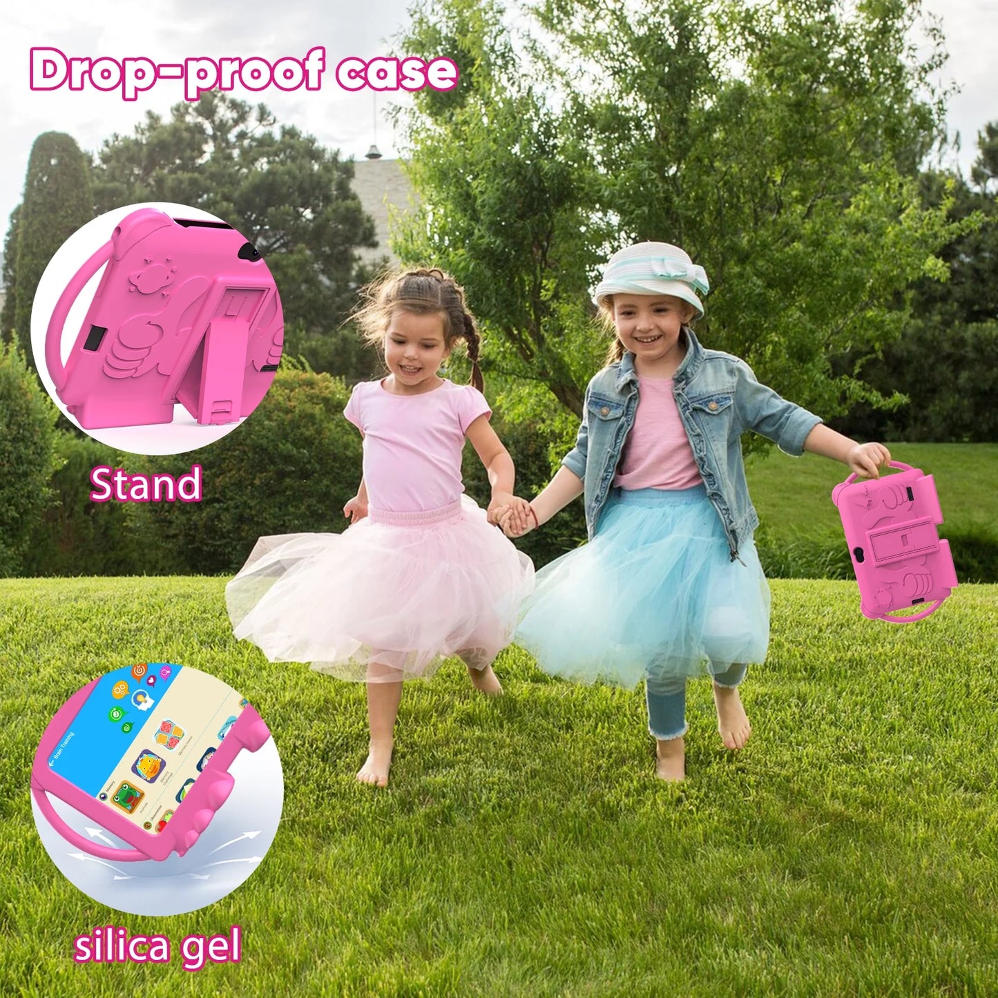 Kids Tablets 7 Inch Android 12, 4GB RAM 32GB ROM, 512GB Expandable, with Parental Control, Google Certified, Wifi, Bluetooth, Dual Camera with Silicone Case(Pink)