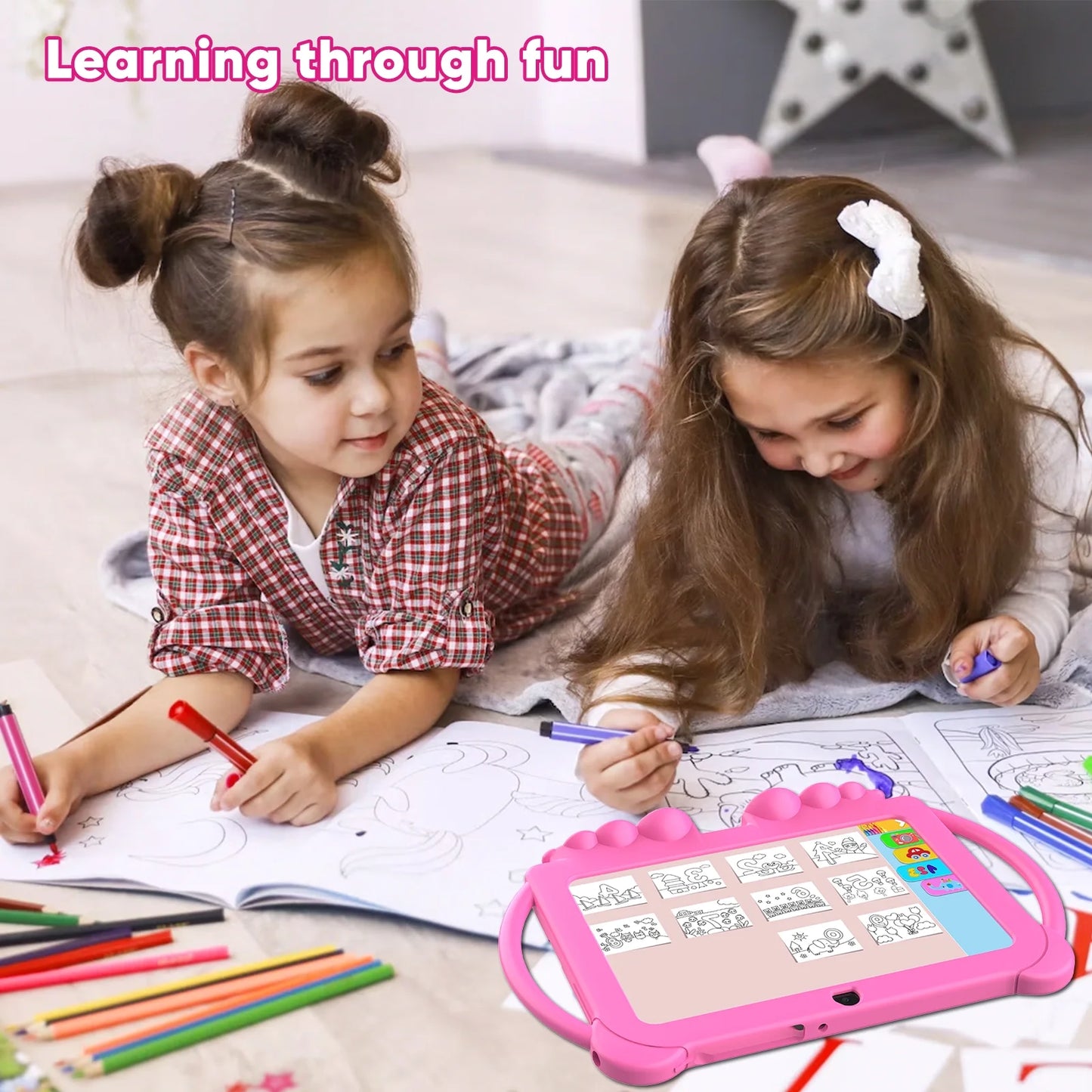 Kids Tablets 7 Inch Android 12, 4GB RAM 32GB ROM, 512GB Expandable, with Parental Control, Google Certified, Wifi, Bluetooth, Dual Camera with Silicone Case(Pink)