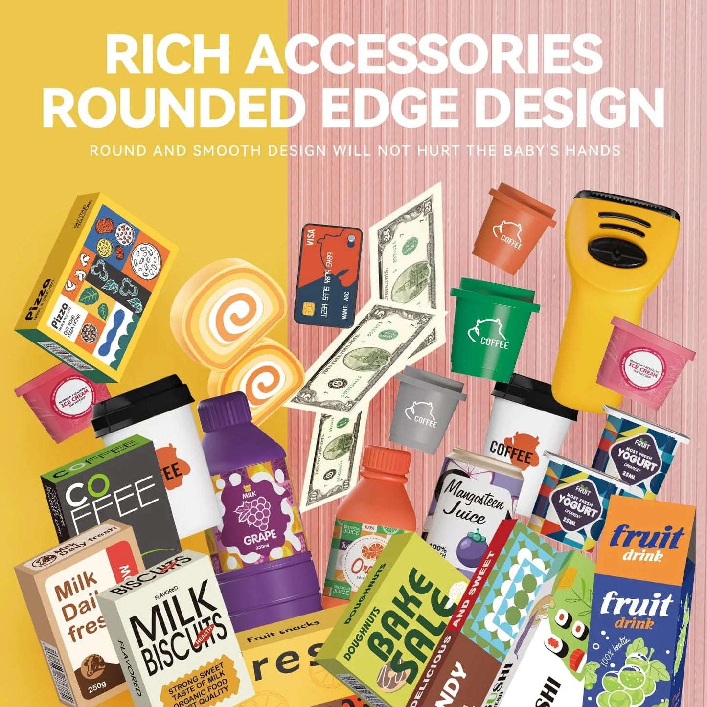 46PCS Cash Register for Kids, Kids Pretend Play Toys with Scanner, Shopping Cart, Calculator, Play Food, Toddler Toys for Boys Girls, Toys for Girls 3 6 Years, Kids Toys Cash Register-Yellow