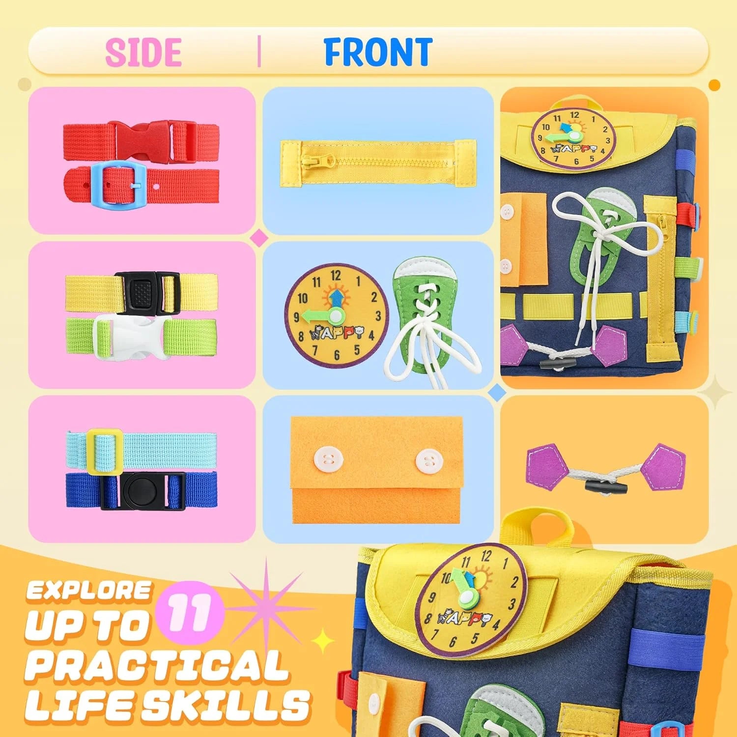 Toddler Backpack Toys Busy Board with Buckles and Zippers, Preschool Learning Travel Activities Sensory Toys Ideal Gifts for Kids Boys Girls Birthday