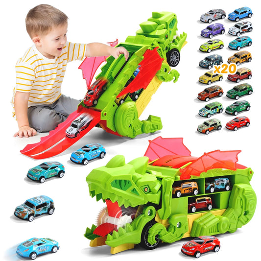 20 in 1 Dinosaur Transport Truck with 20 Cars, City Dinosaur Ultimate Hauler Track Toy, Transforms into Stomping Standing Dinosaur Toddler Toys Birthday Gift for Kids Ages 3+