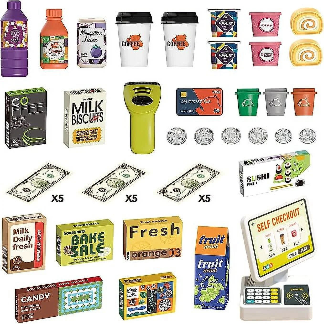 46PCS Upgraded Cash Register Playset for Kids, Cashier Register Toy, Kids Pretend Play Cash Register Toys with Scanner, Shopping Cart, Calculator, Play Food, Toys for Girls 3 6 Years-Green