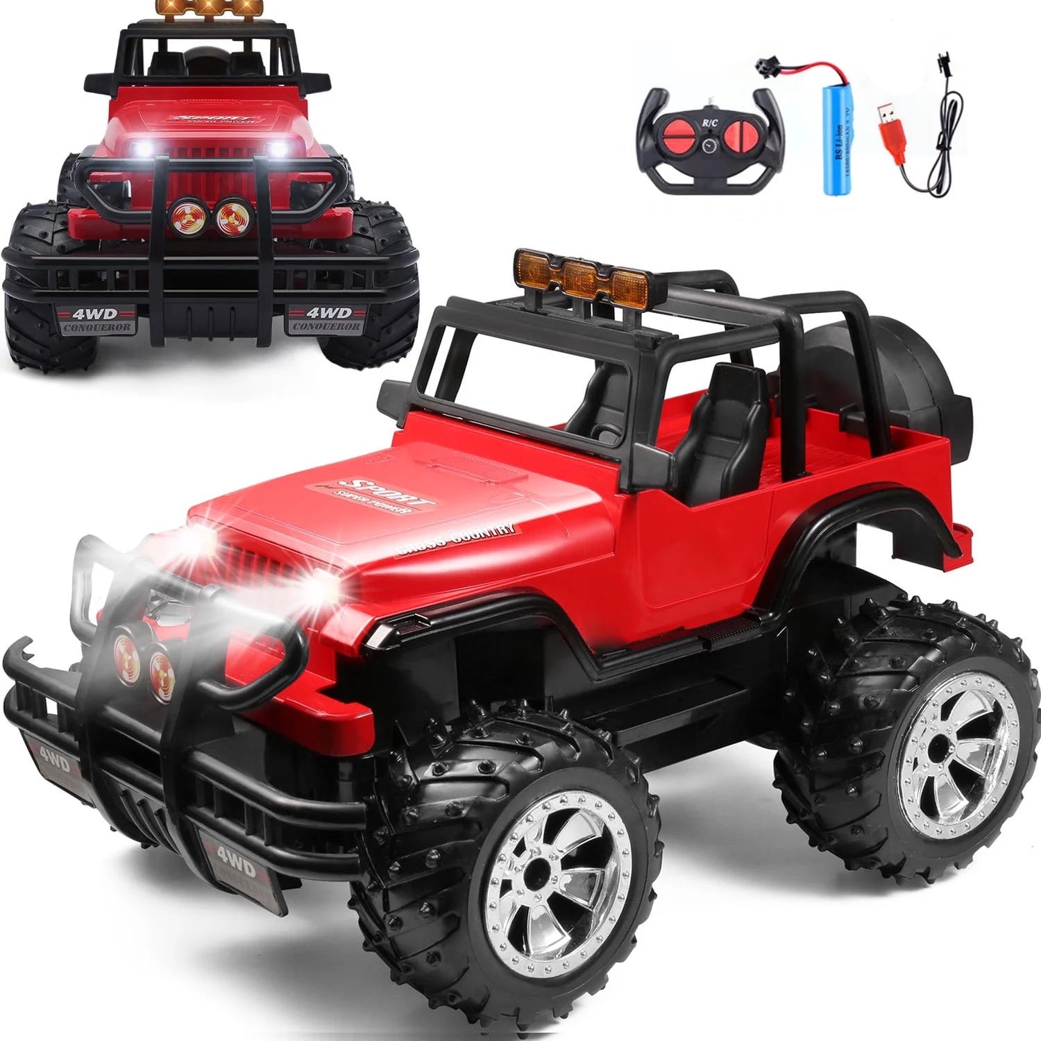 Remote Control Cars Die-Cast Toy Cars , Off-Road Truck with LED Lights, RC Toy Race Car Gifts, Red